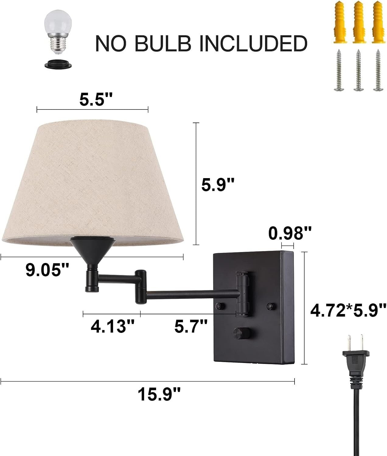 Elegant Plug-In Wall Sconce Set of 2 with Adjustable Swing Arm & Fabric Shade