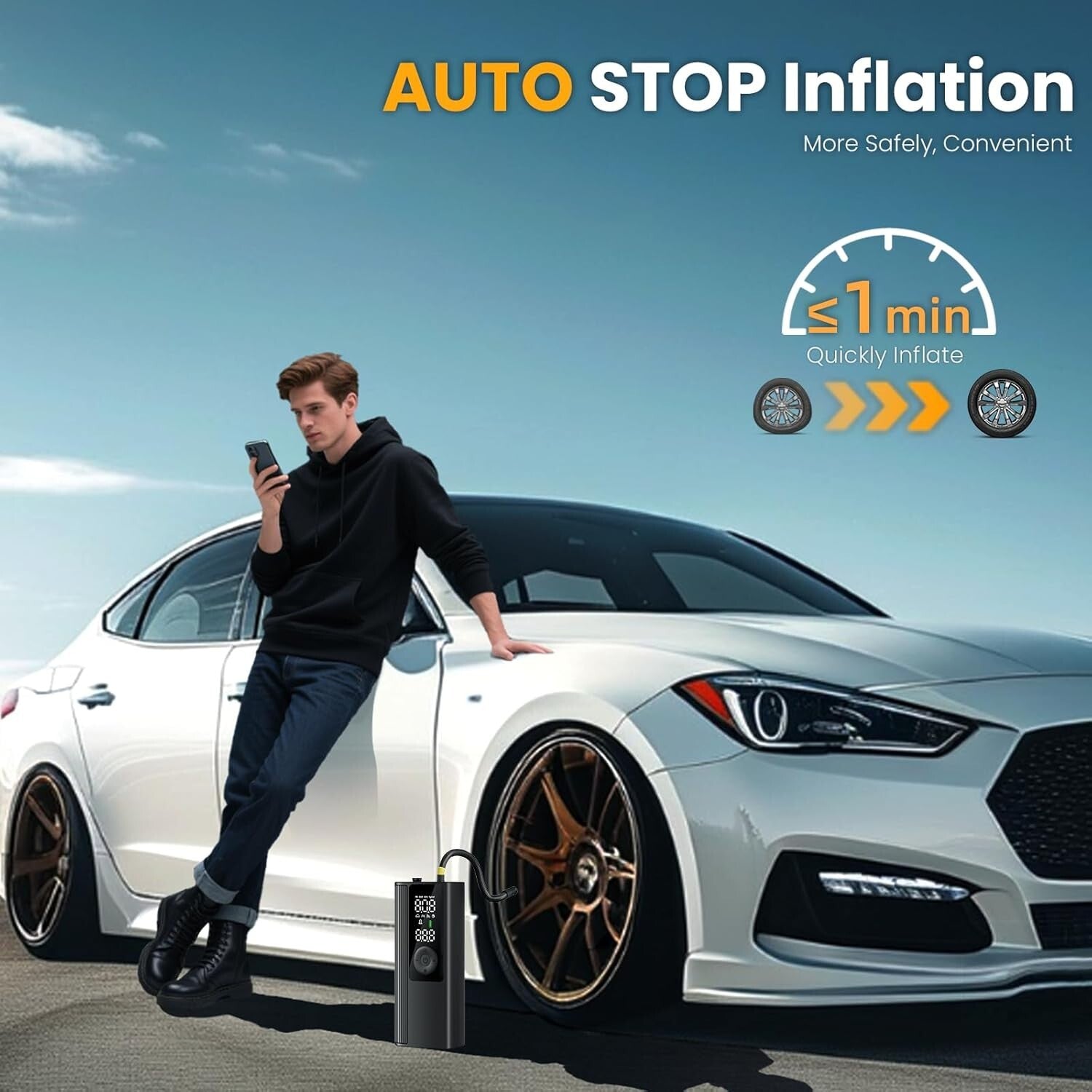 Compact 150 PSI Tire Inflator with Auto Shut-Off - Perfect for Car & Motorcycle