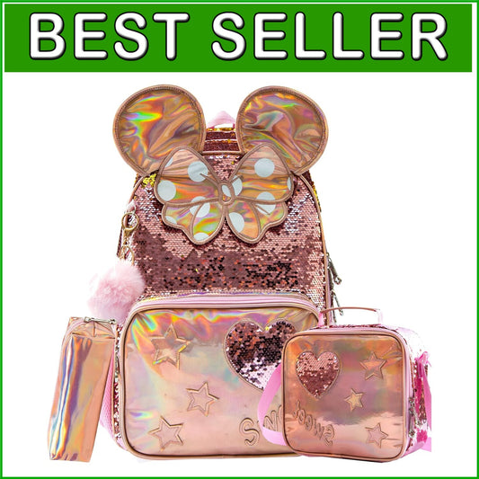 Cute Adjustable Sequin Backpack Set for Girls - Includes Lunch Box & Pencil Case