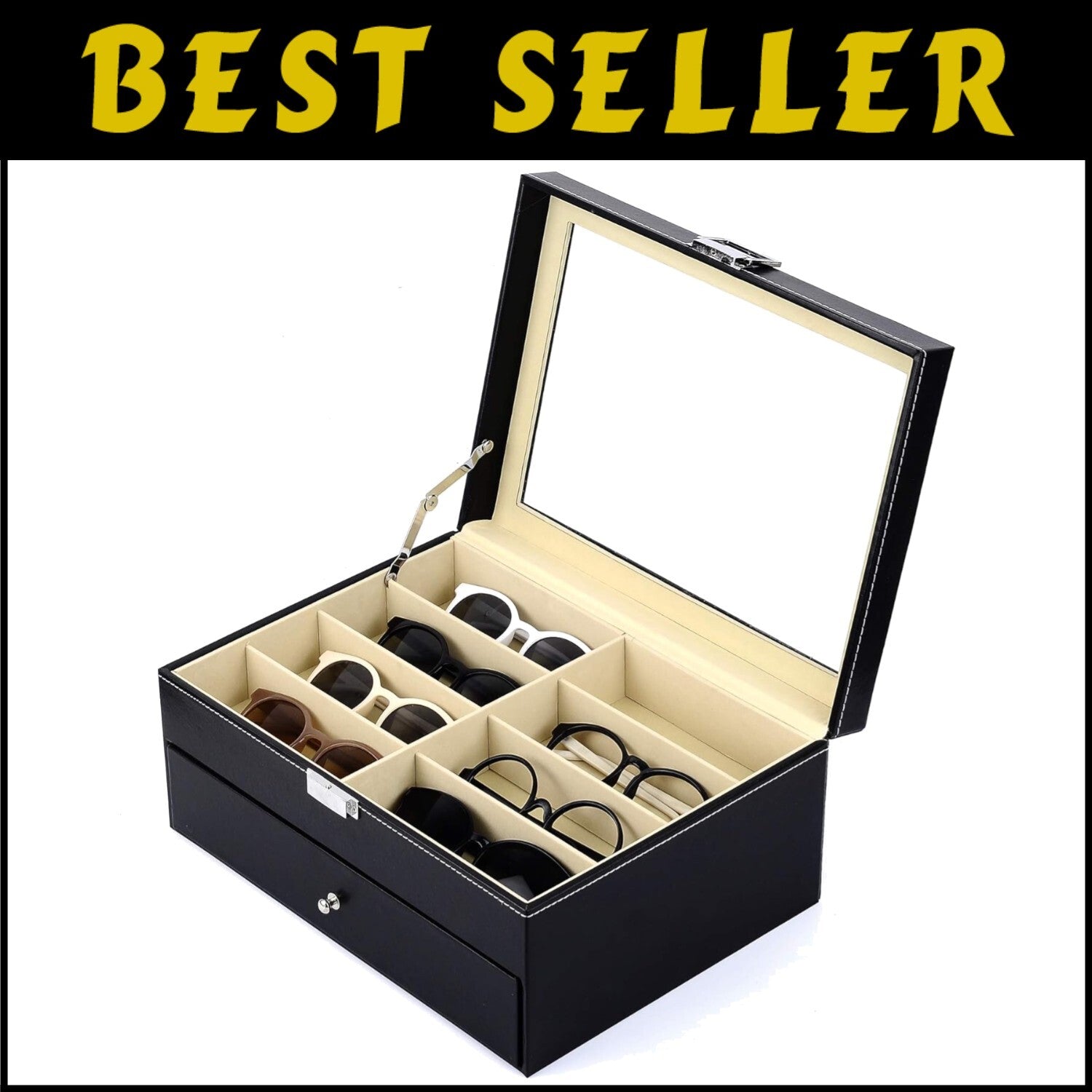 16-Slot Leather Sunglass Organizer with Anti-Scratch Glass Top - Classic Black
