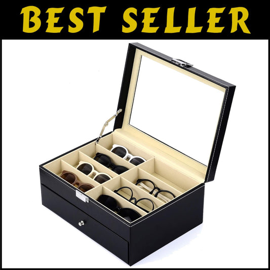 16-Slot Leather Sunglass Organizer with Anti-Scratch Glass Top - Classic Black