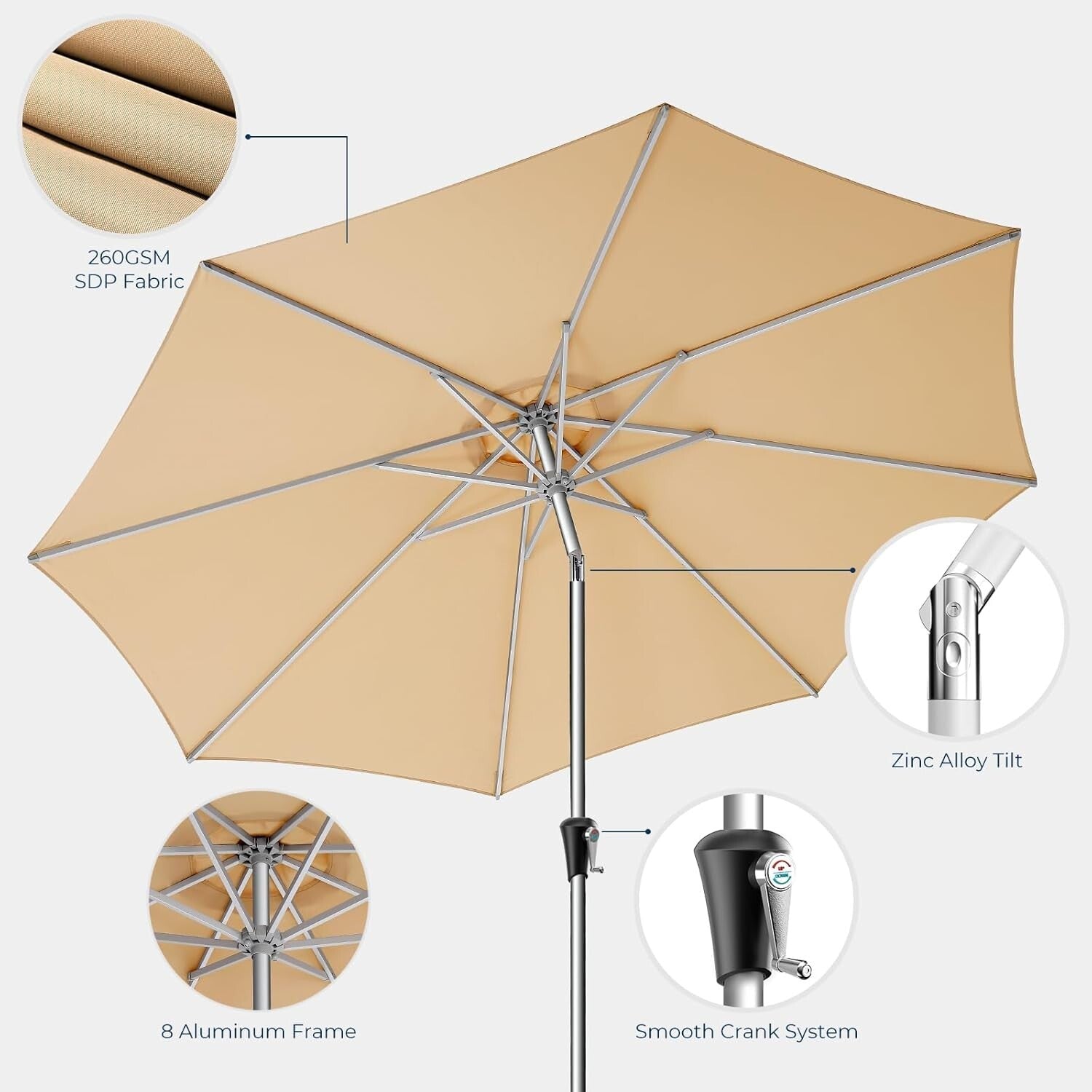 Elegant 9FT Market Umbrella with Heavy-Duty Aluminum Frame & Easy Crank Function