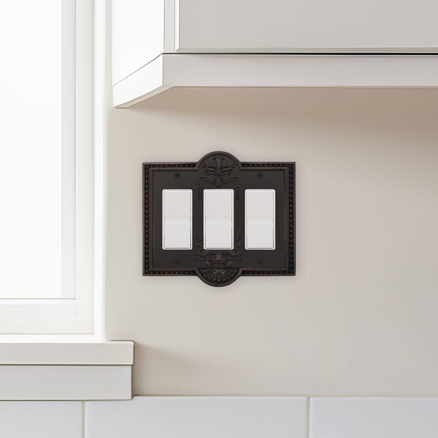 Antique Brass Triple Rocker Light Switch Cover - Elegant Greek Revival Style