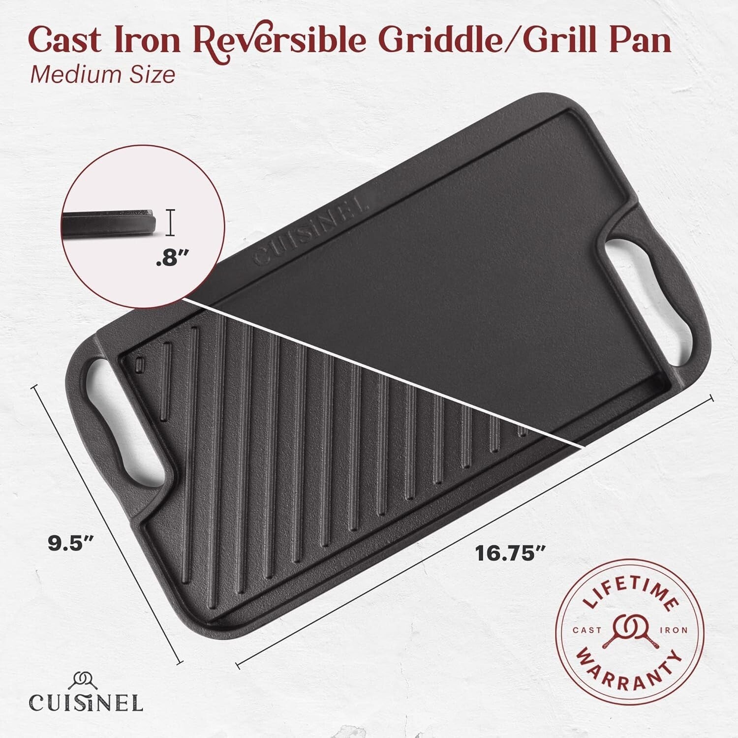 Durable Cast Iron Grill/Griddle Combo - 16.75" x 9.5" + Essential Cleaning Tools