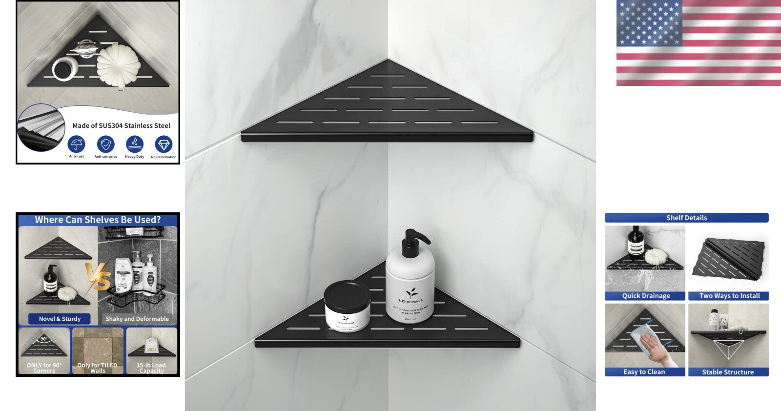 Durable Matte Black Corner Shower Shelves - Stylish 2 Pack for Modern Bathrooms