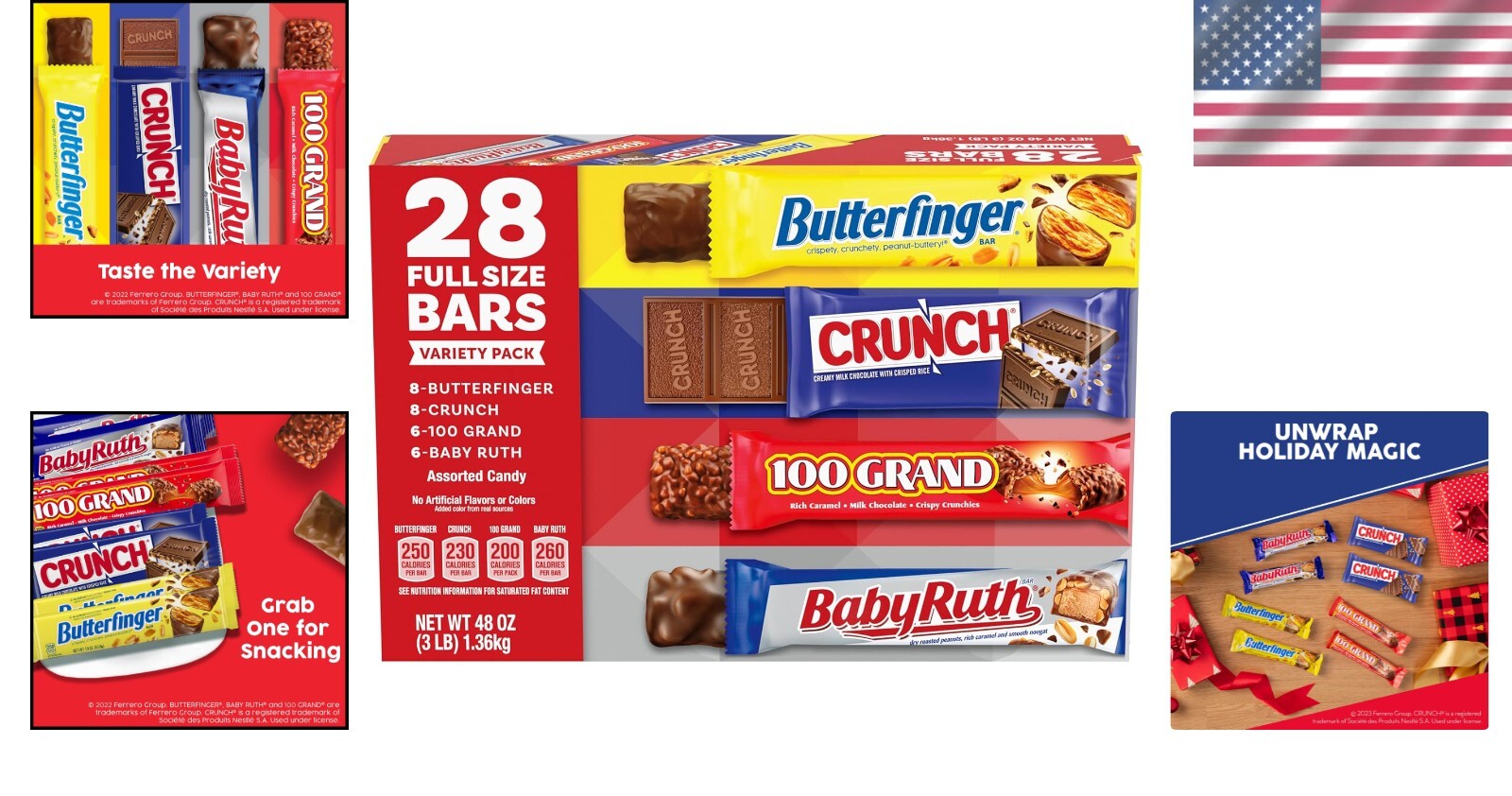 Classic Assorted Chocolate Candy Bars in Bulk - CRUNCH, Baby Ruth & 100 Grand