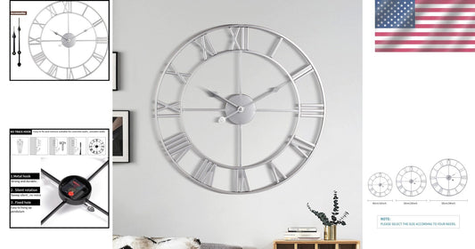 Elegant 18-Inch Retro Roman Numeral Wall Clock - Almost Silent Silver Decor