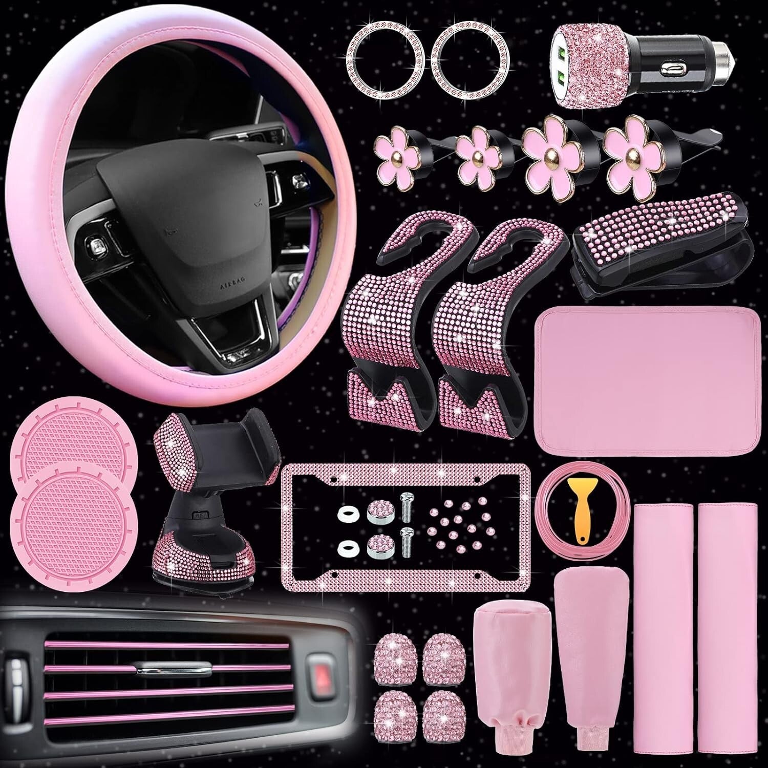 Fashionable Light Pink Car Accessories Bundle: Steering Cover & Phone Holder