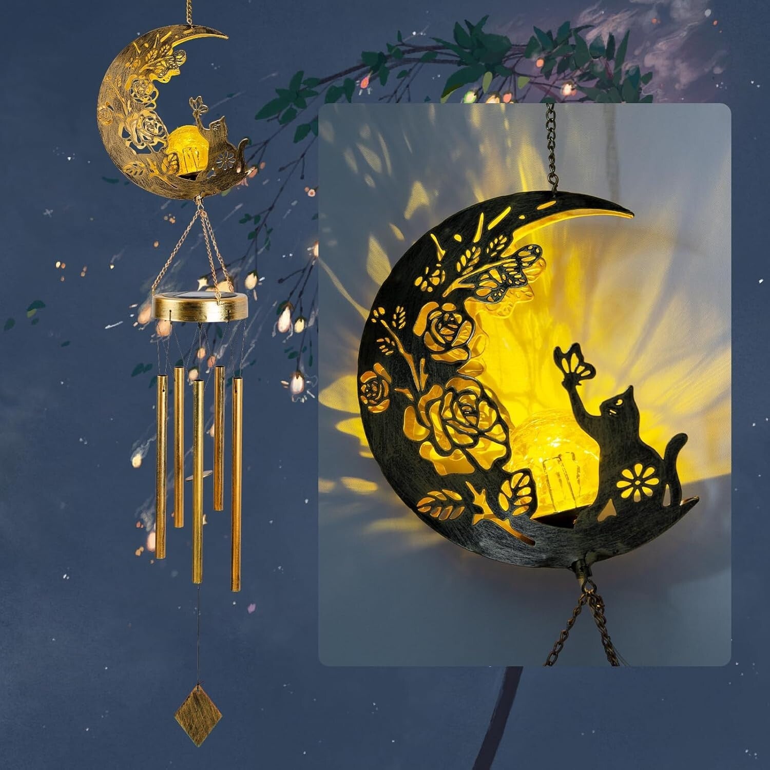Elegant Solar-Powered Cat Moon Wind Chime - Perfect Gift for Cat Lovers