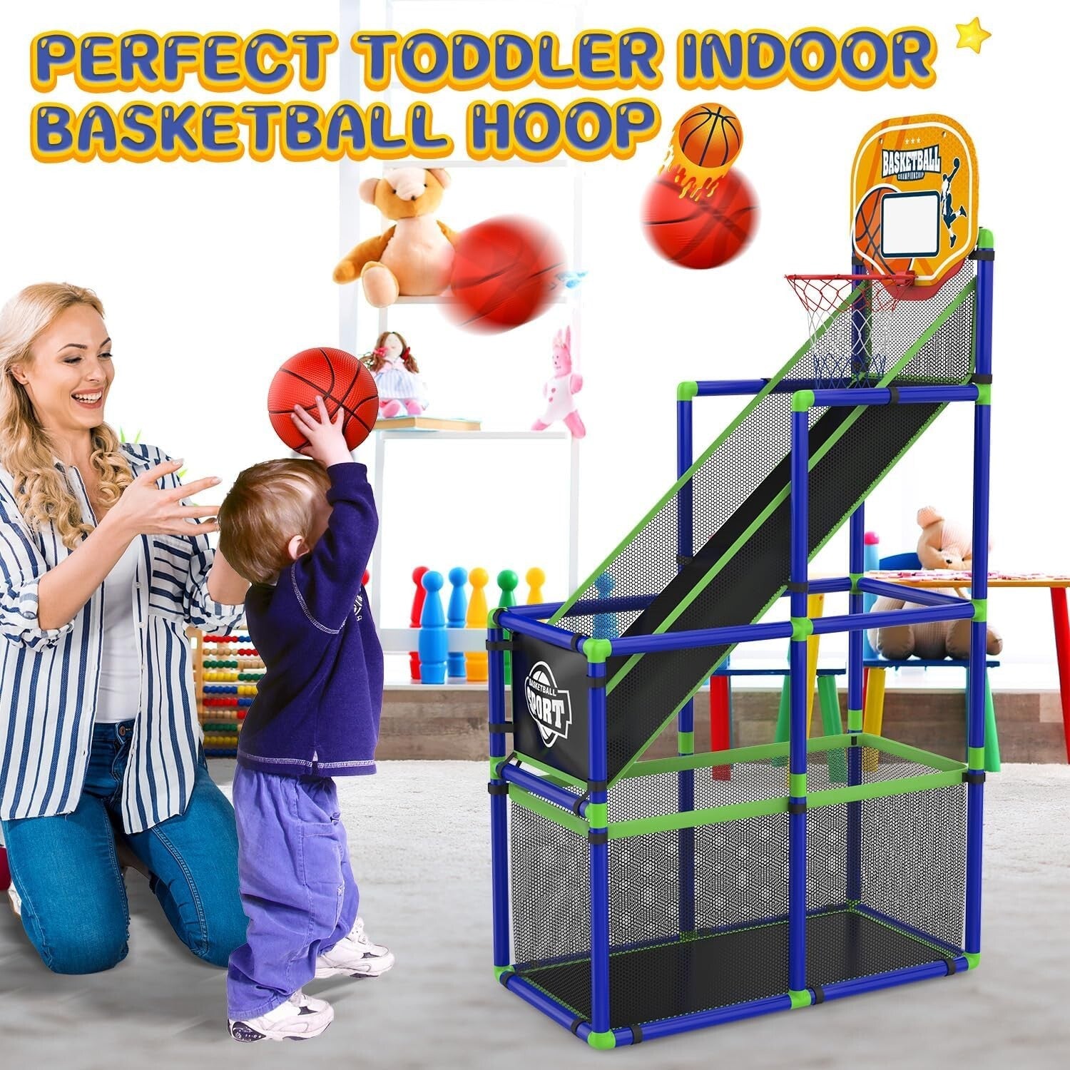 Kids Indoor Basketball Hoop with Adjustable Height & Storage for Fun Playtime
