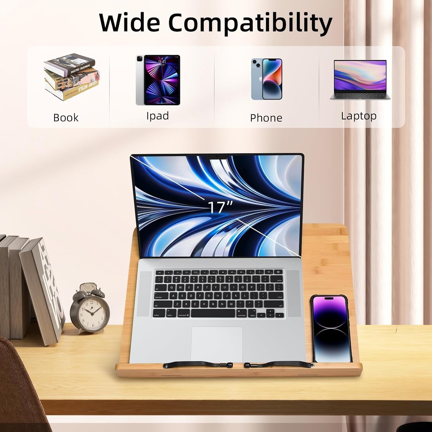 Stylish 19.68 x 14 Bamboo Book Stand for Cookbooks, Textbooks, and Tablets