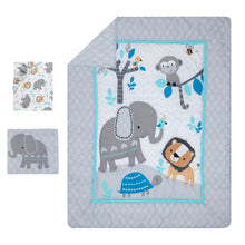 Load image into Gallery viewer, Blue and Gray 3-Piece Crib Bedding Set - Modern Jungle Adventure Theme