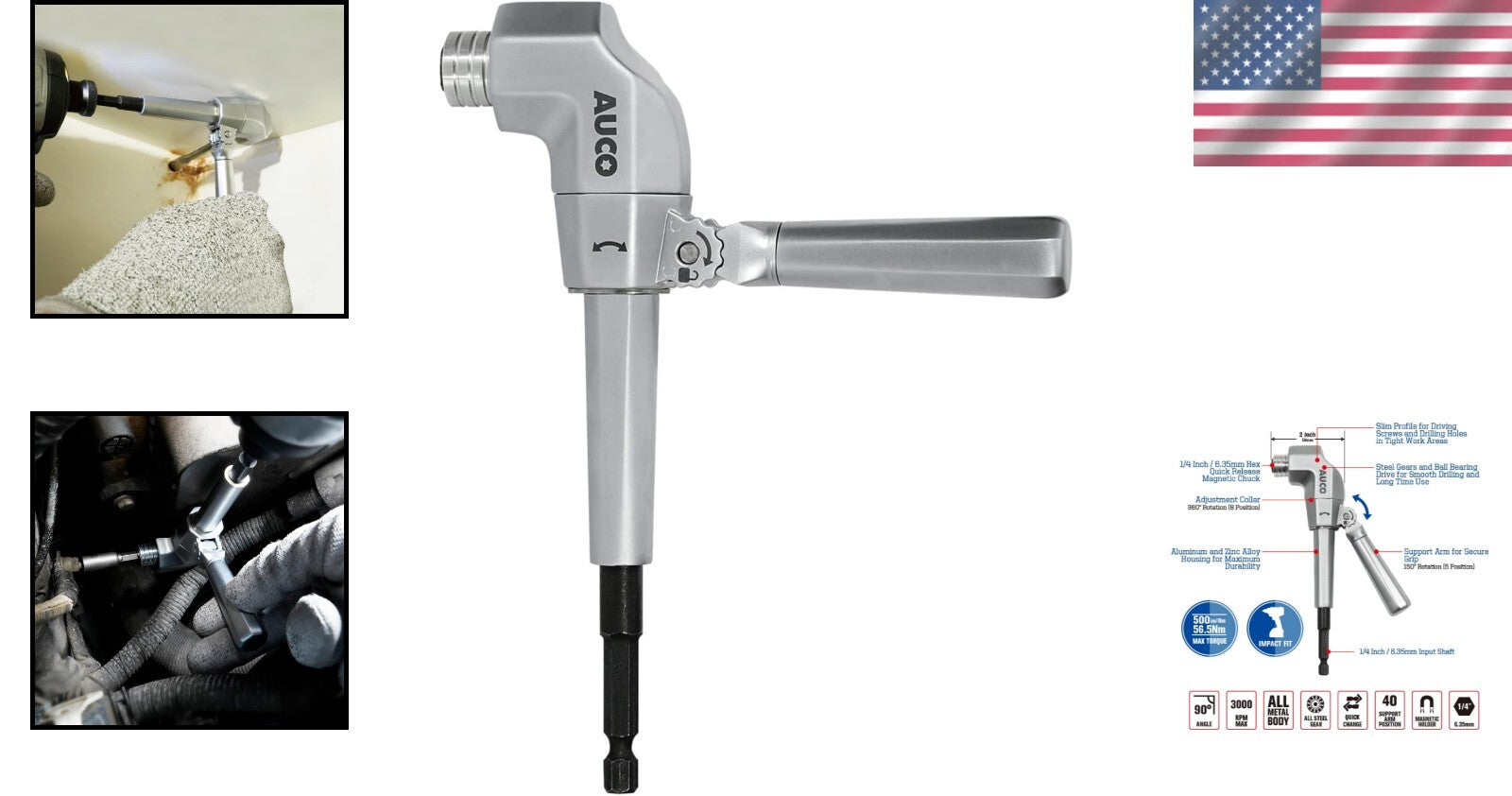 All Metal Right Angle Drill Attachment - Impact Driver Compatible Up to 3000 RPM