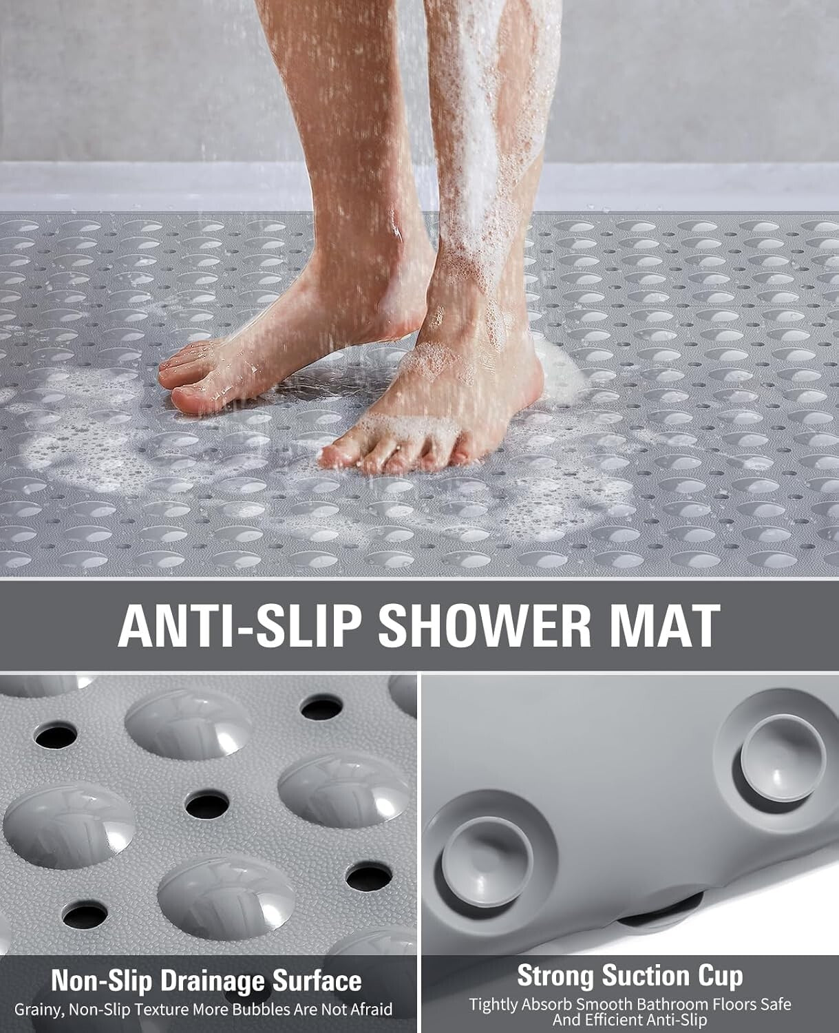 Durable Dark Grey TPE Anti-Slip Shower Mat with Suction Cups - 47.2"x31.5"