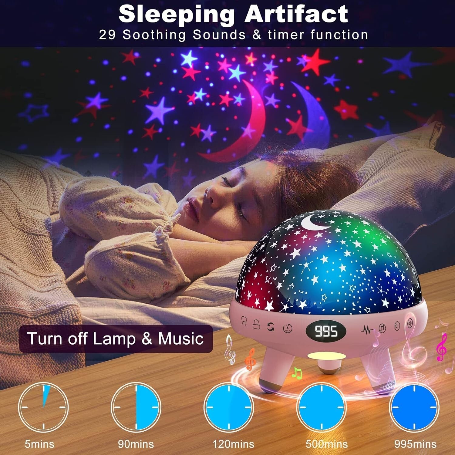 Elegant Star Projector Night Light and White Noise Machine for Kinder Sleep