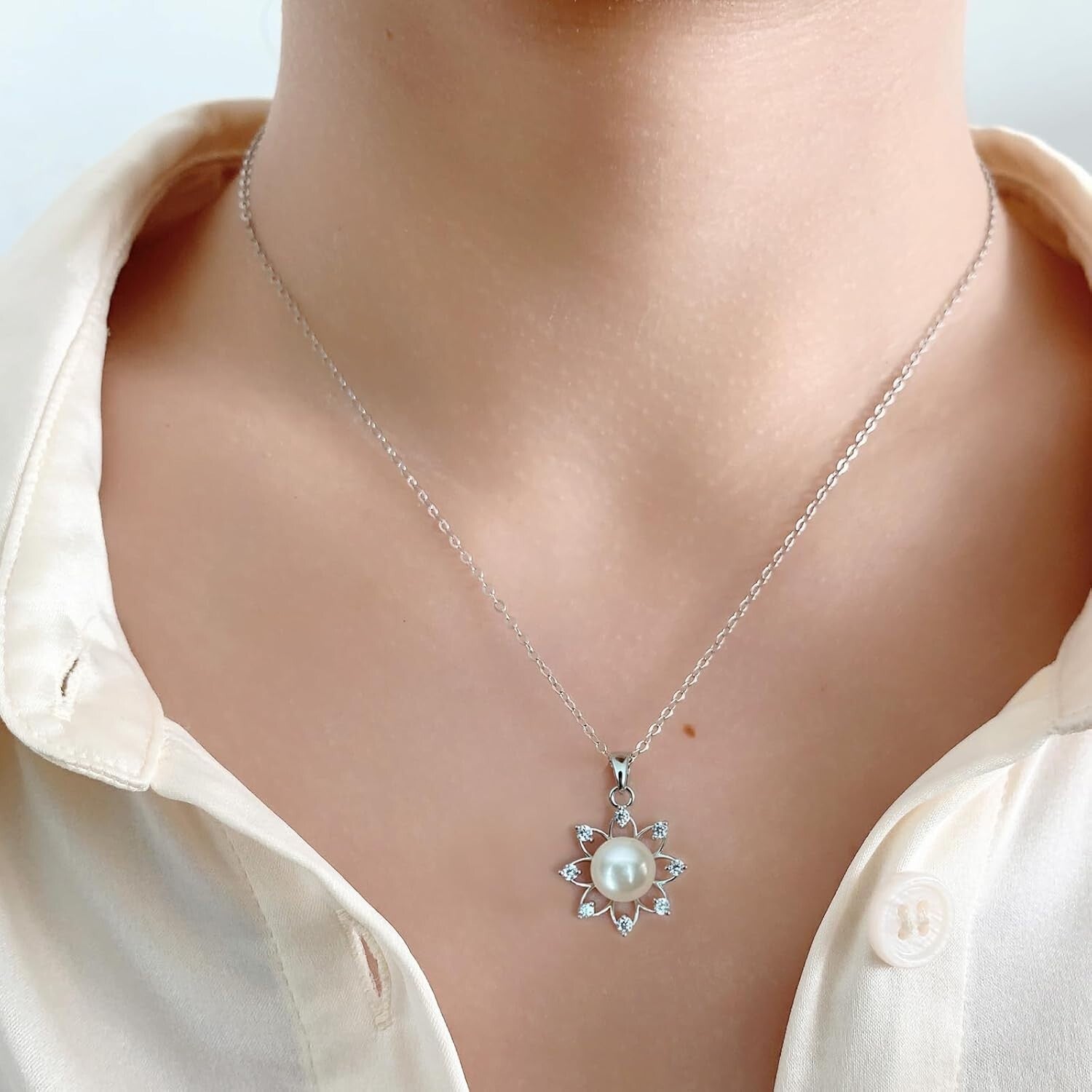 Elegant Sunflower Pearl Necklace in Sterling Silver - Graduation Gifts for Girls