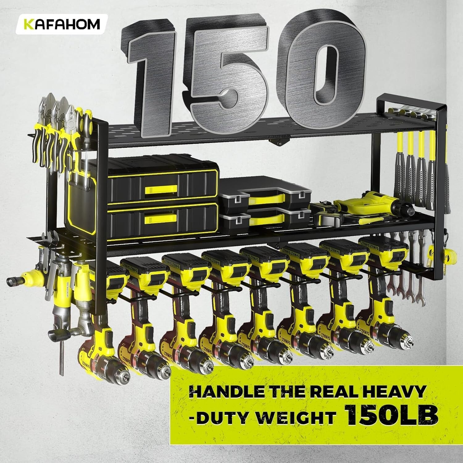 Powder Coated Iron Tool Storage Rack with Air Tool Slots and 8 Drill Holders