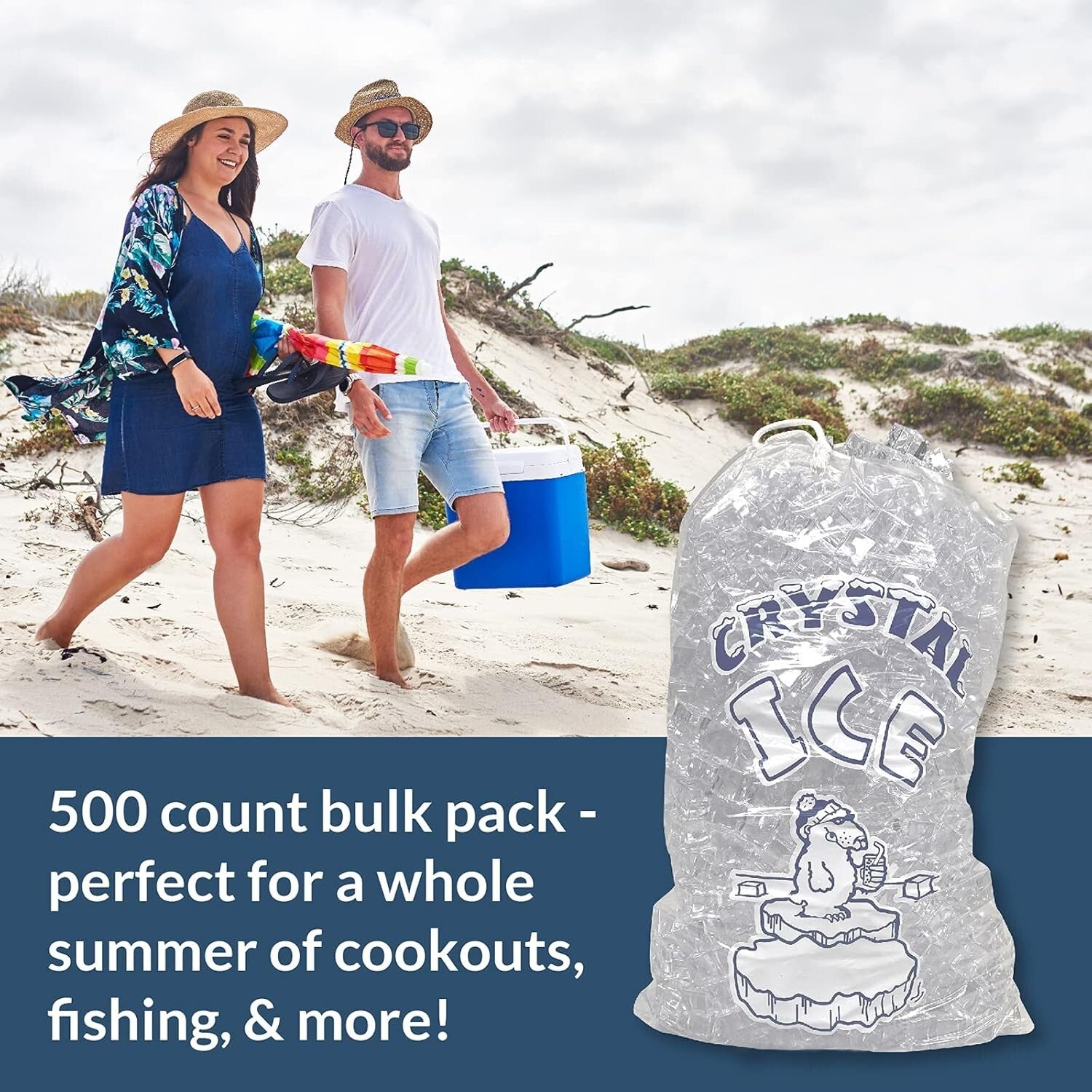 Eco-Friendly 8 lb. Clear Ice Storage Bags - 500 Count with Cotton Drawstring