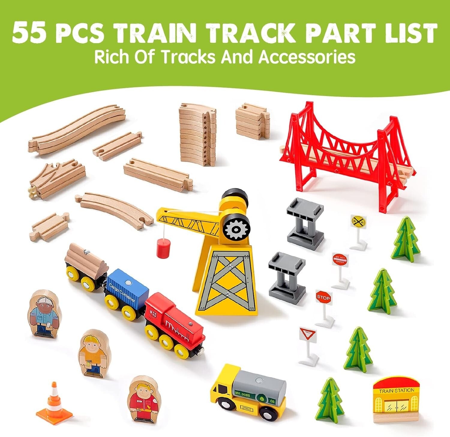 Educational Wooden Train Set with Crane - 55PCS for Toddlers & Kids