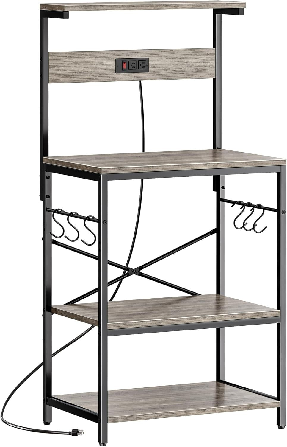Versatile Kitchen Bakers Rack with Power Outlets & 6 Hooks for Easy Organization