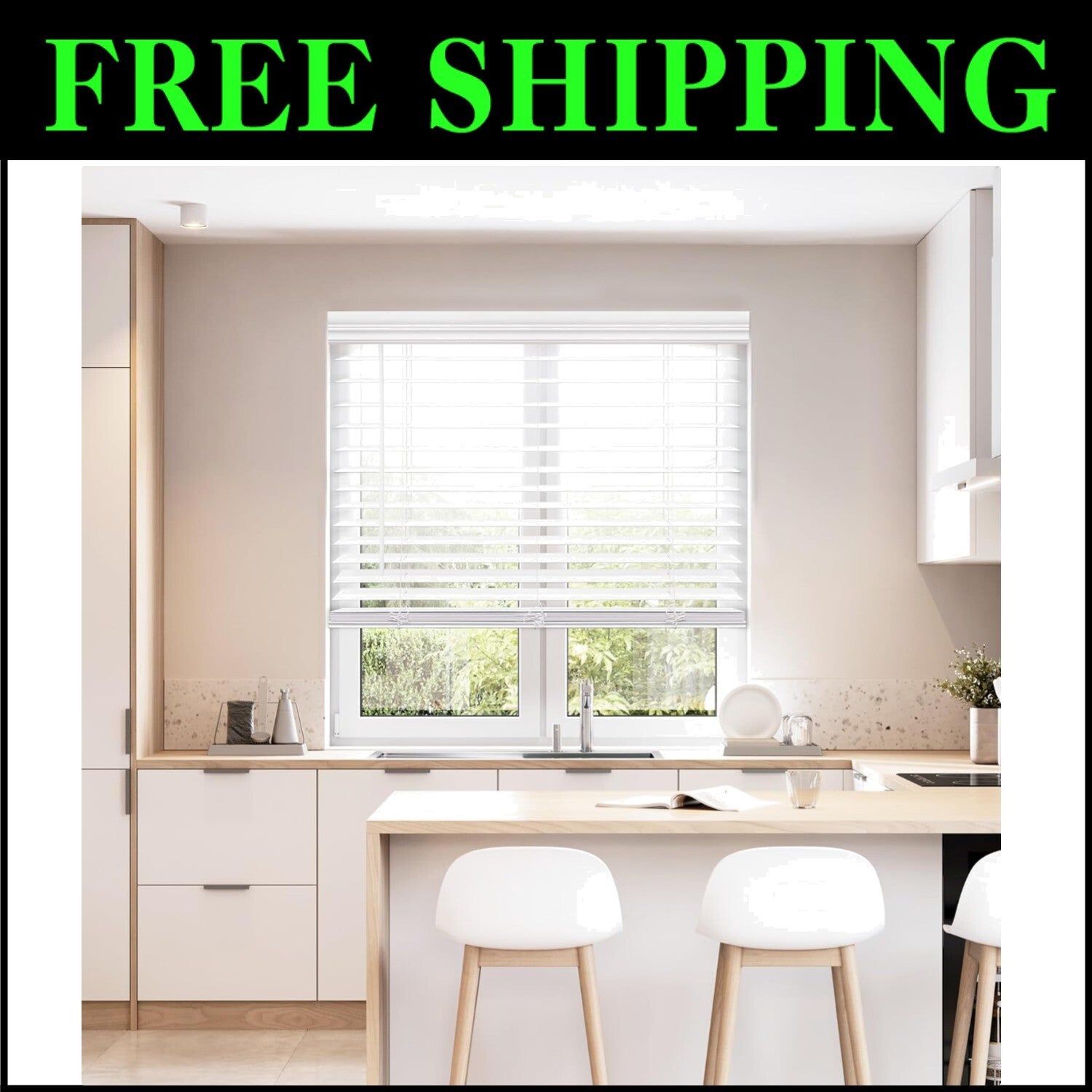 Cordless 2-Inch Faux Wood Blinds in White: 48" W x 60" H - Stylish Functionality