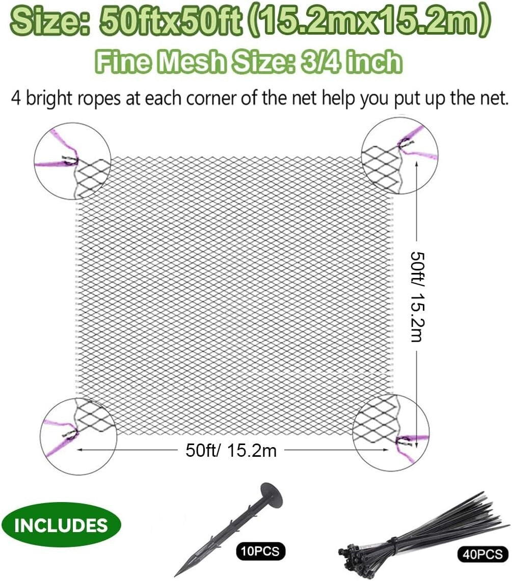 50' x 50' Black Garden Netting with 3/4" Mesh – Protect Plants Effortlessly