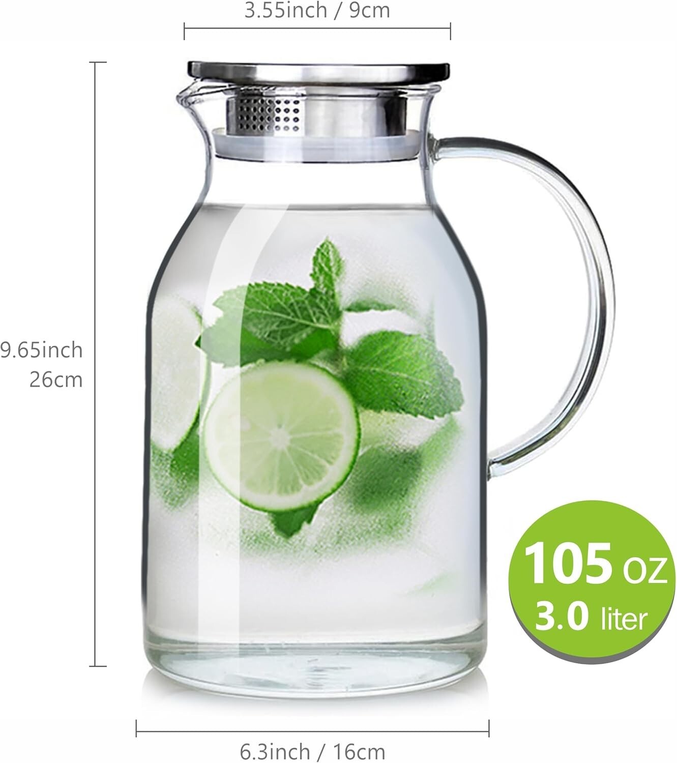 Large Capacity Glass Pitcher - 105OZ Borosilicate for Iced Tea & Hot Beverages