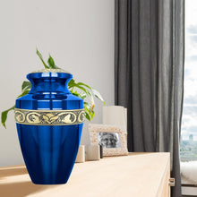 Load image into Gallery viewer, Beautiful Decorative Burial Urn for Adult Ashes - Blue and Gold Aluminum Finish