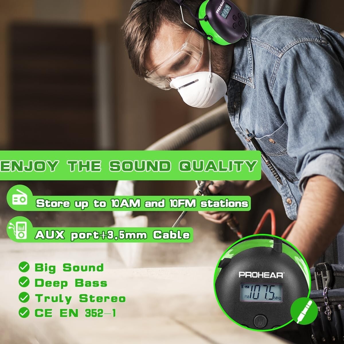 Durable Green Earmuffs with 25dB NRR and Digital Radio for Outdoor Noise Control