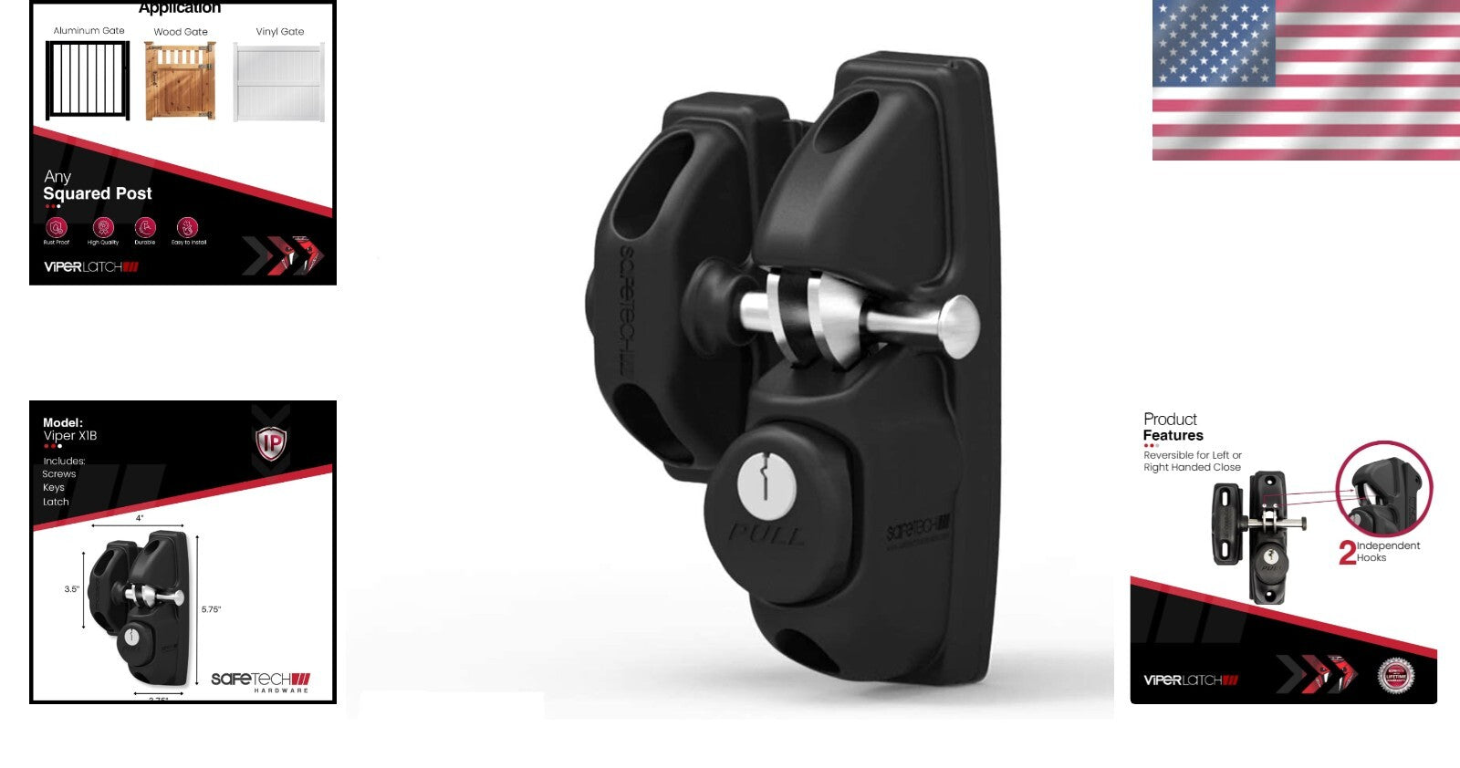 Durable Black Gravity Gate Latch with Adjustable Hooks for Convenient Access