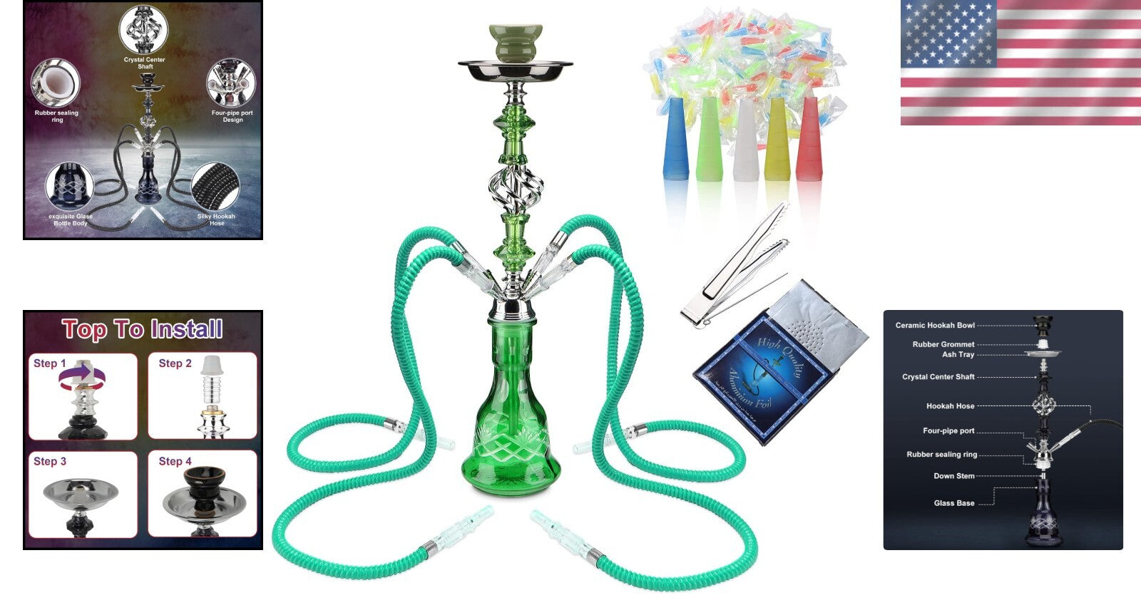 Elegant 22'' Premium Hookah Set - Glass Vase, Ceramic Bowl & Coal Tongs Included