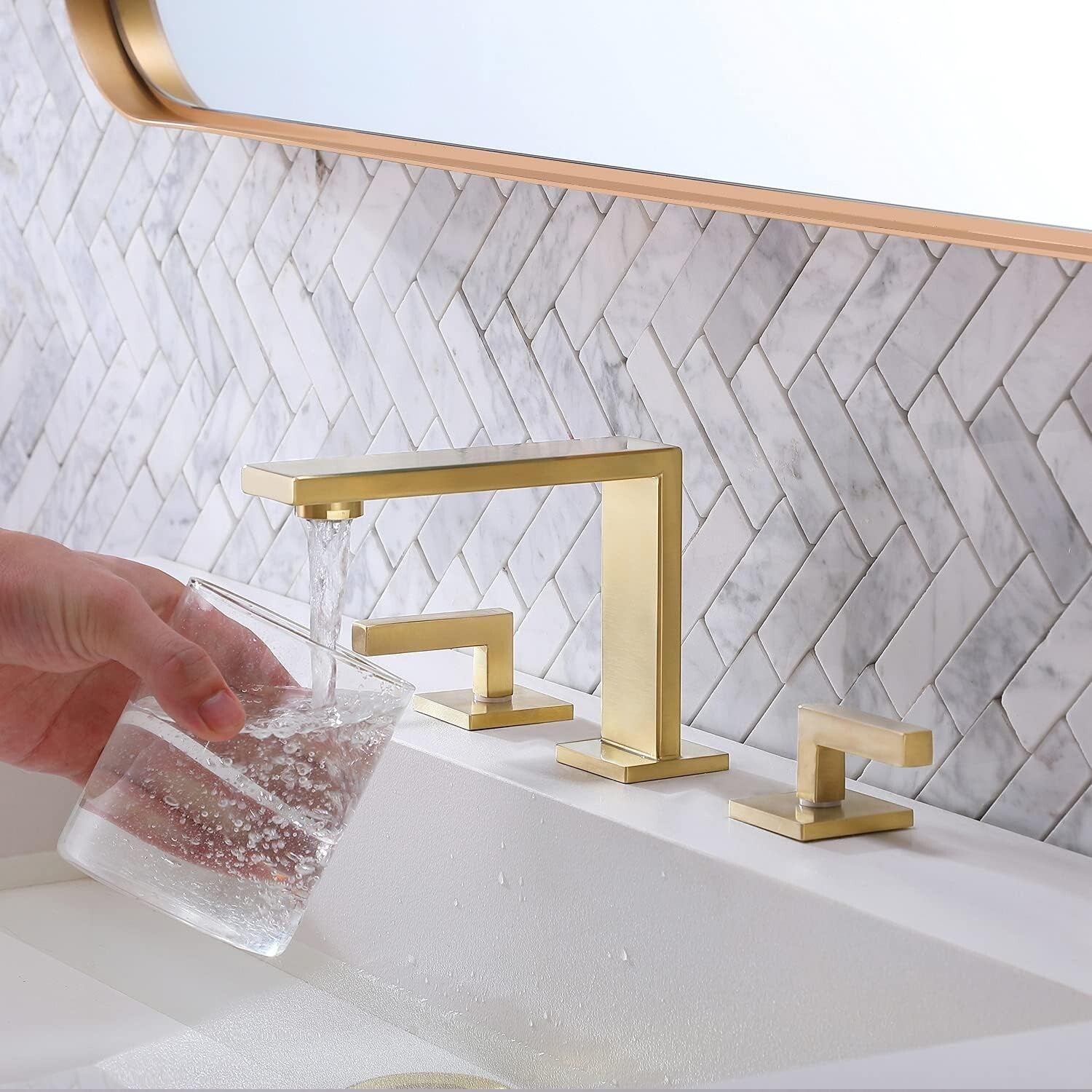 Elegant 2 Handle Brushed Gold Bathroom Faucet with Water Supply Lines Included