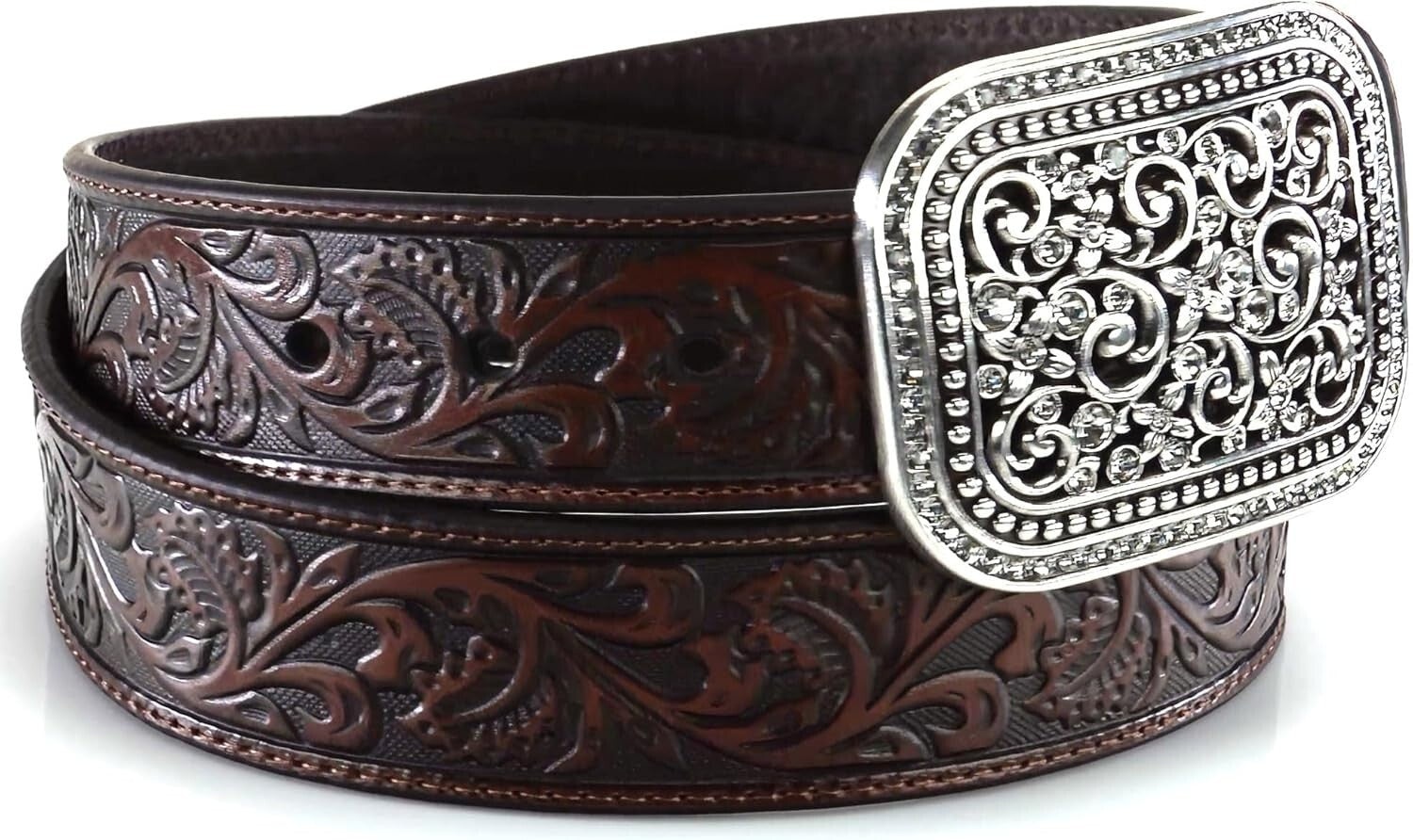 Comfortable Brown Embossed Leather Belt with Rhinestones for Women - 1.5" Wide