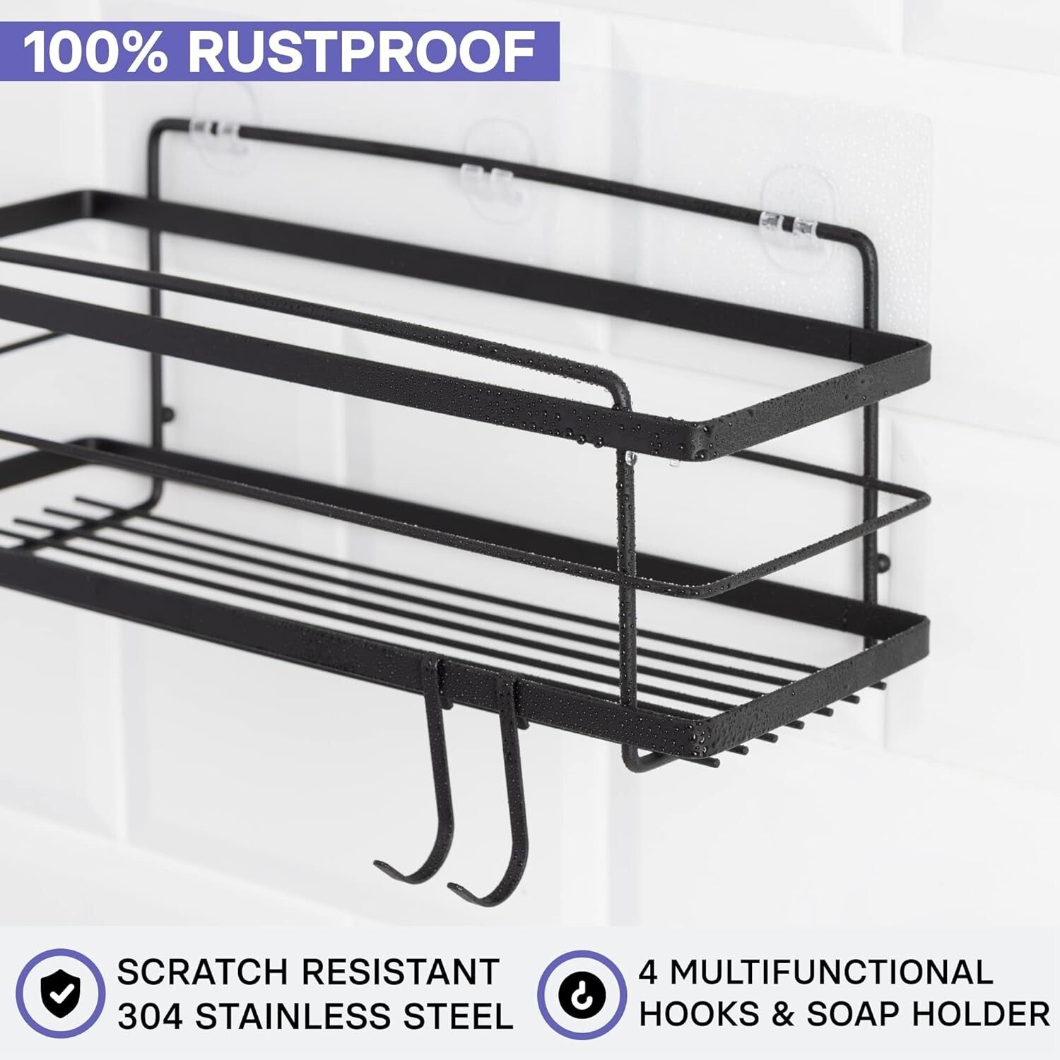 Durable No Drill Adhesive Shower Organizer with Soap Holder - 15lbs Capacity
