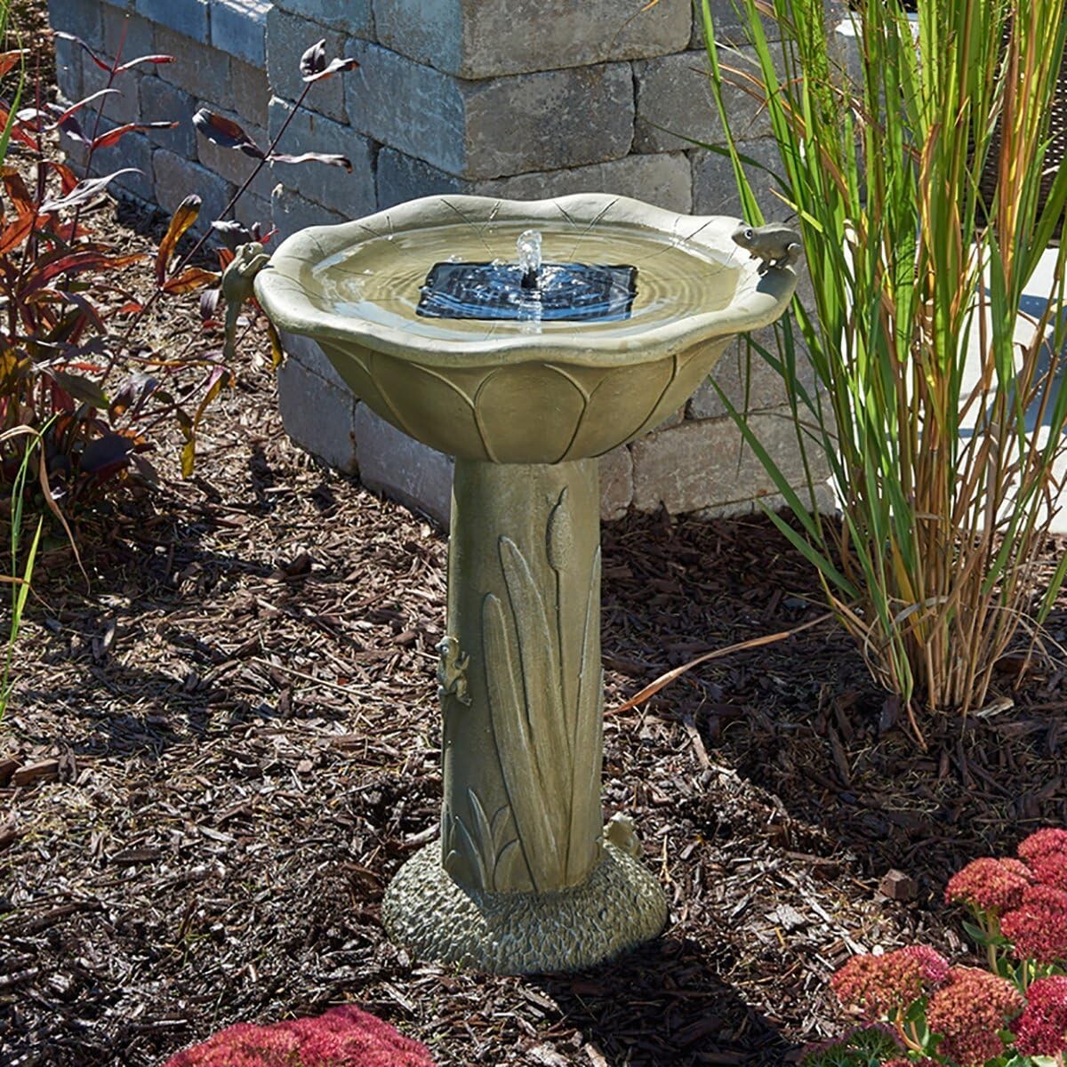 Acadia Solar Birdbath - Medium Olive Green Fountain with Two Spray Options