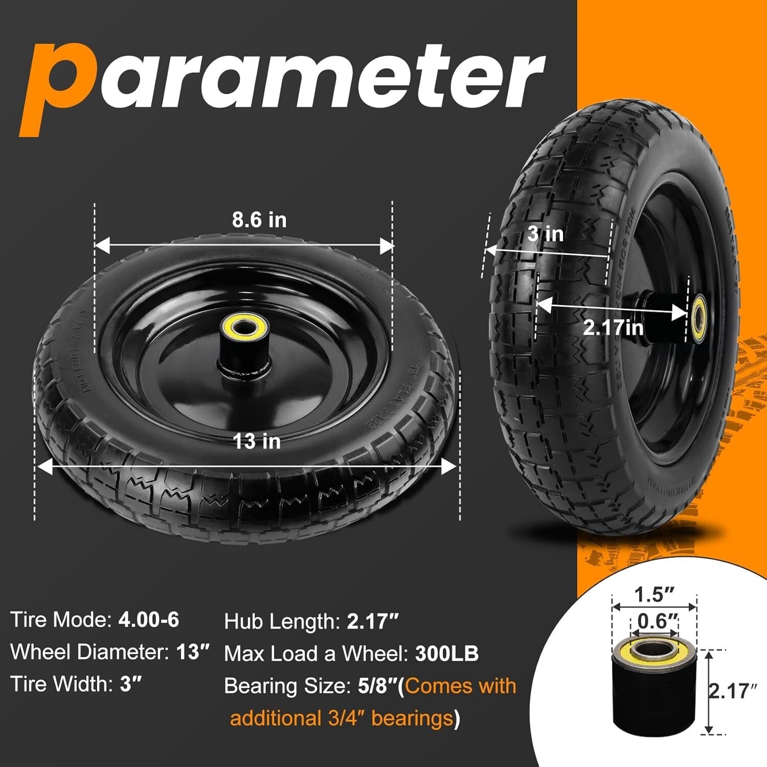 Flat-Free 13” Garden Cart Tires with Enhanced Friction - Maintenance-Free Travel