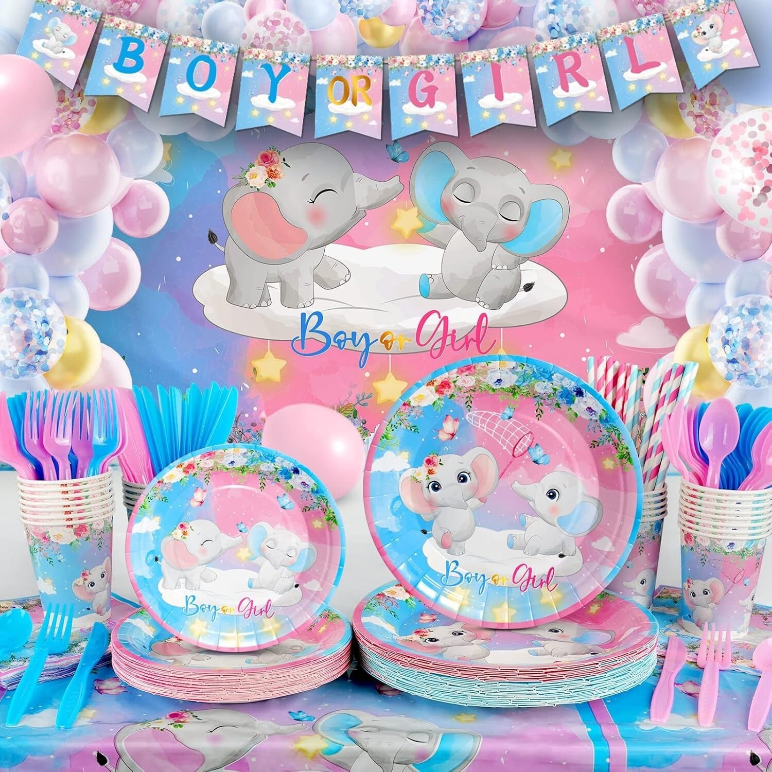 327Pcs Gender Reveal Party Supplies for 25 Guests – Elephant Theme Celebration