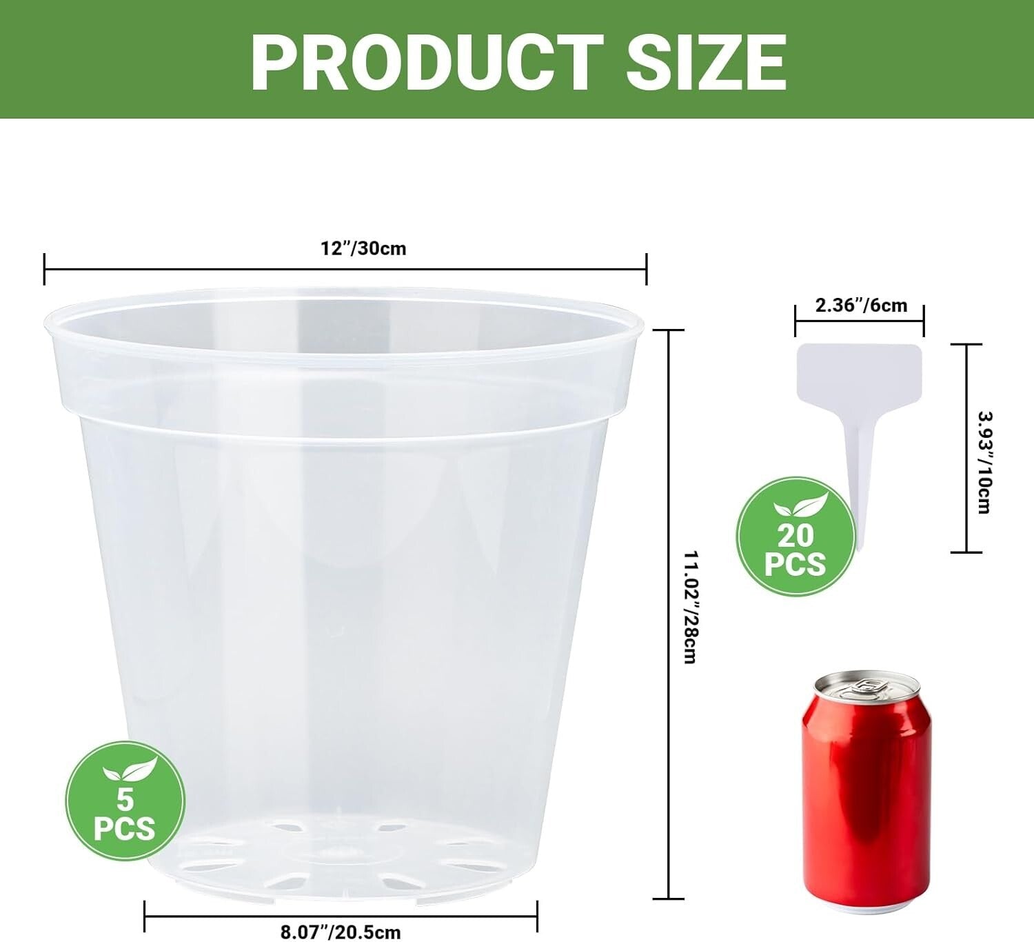 5-Pack Durable Clear Plastic Planters - 12-Inch with Drainage for Plant Growth