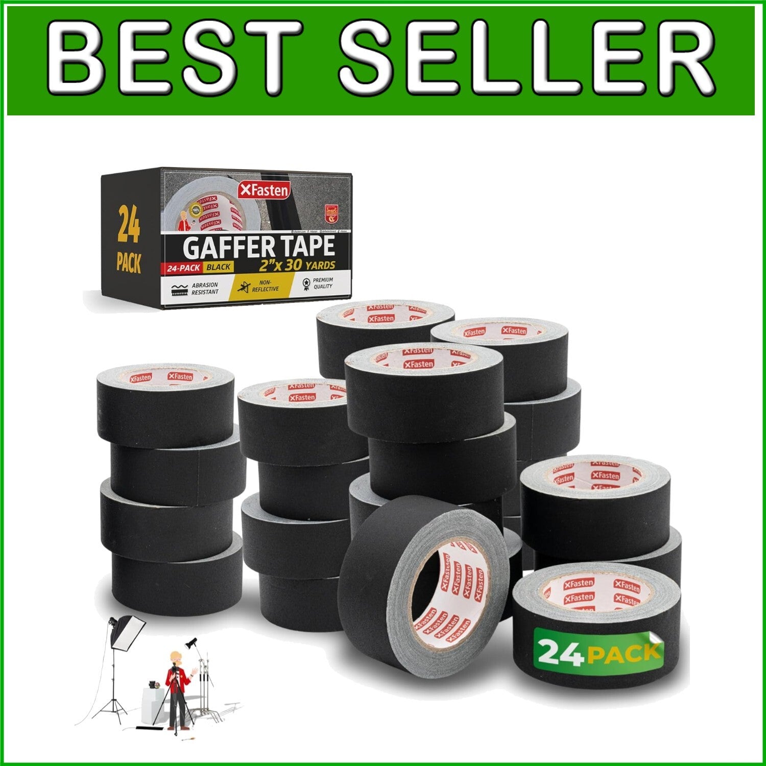 Black Gaffer Tape 2 Inch x 30 Yards - 24-Pack, Residue-Free Heavy-Duty Solution