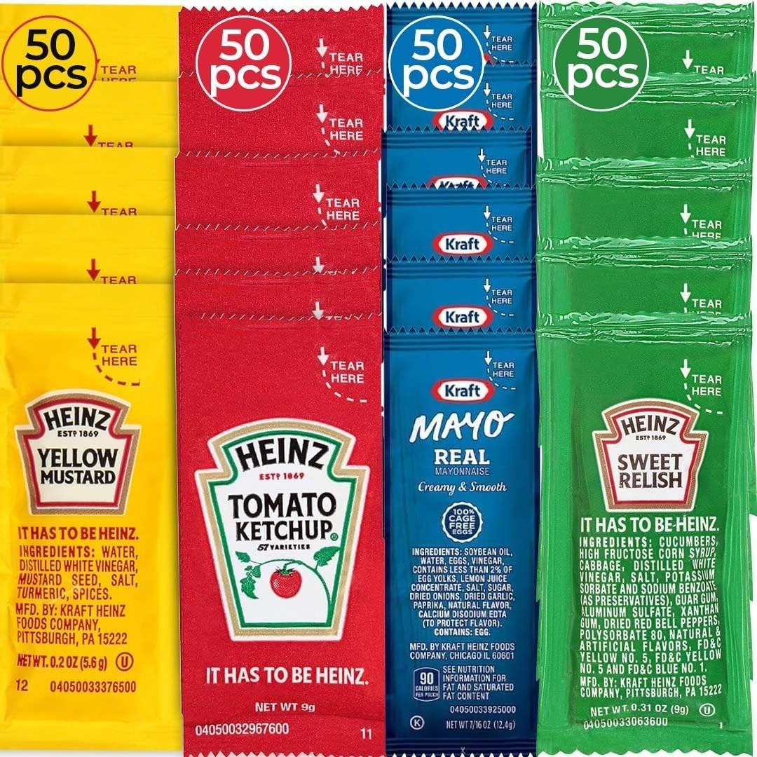 Essential Travel Condiments - 200 Single Serve Mayo, Ketchup, Mustard & Relish