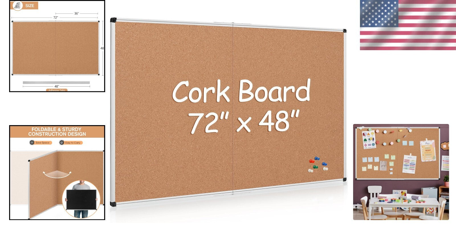 Extra Large 72" x 48" Foldable Cork Bulletin Board with Aluminum Frame