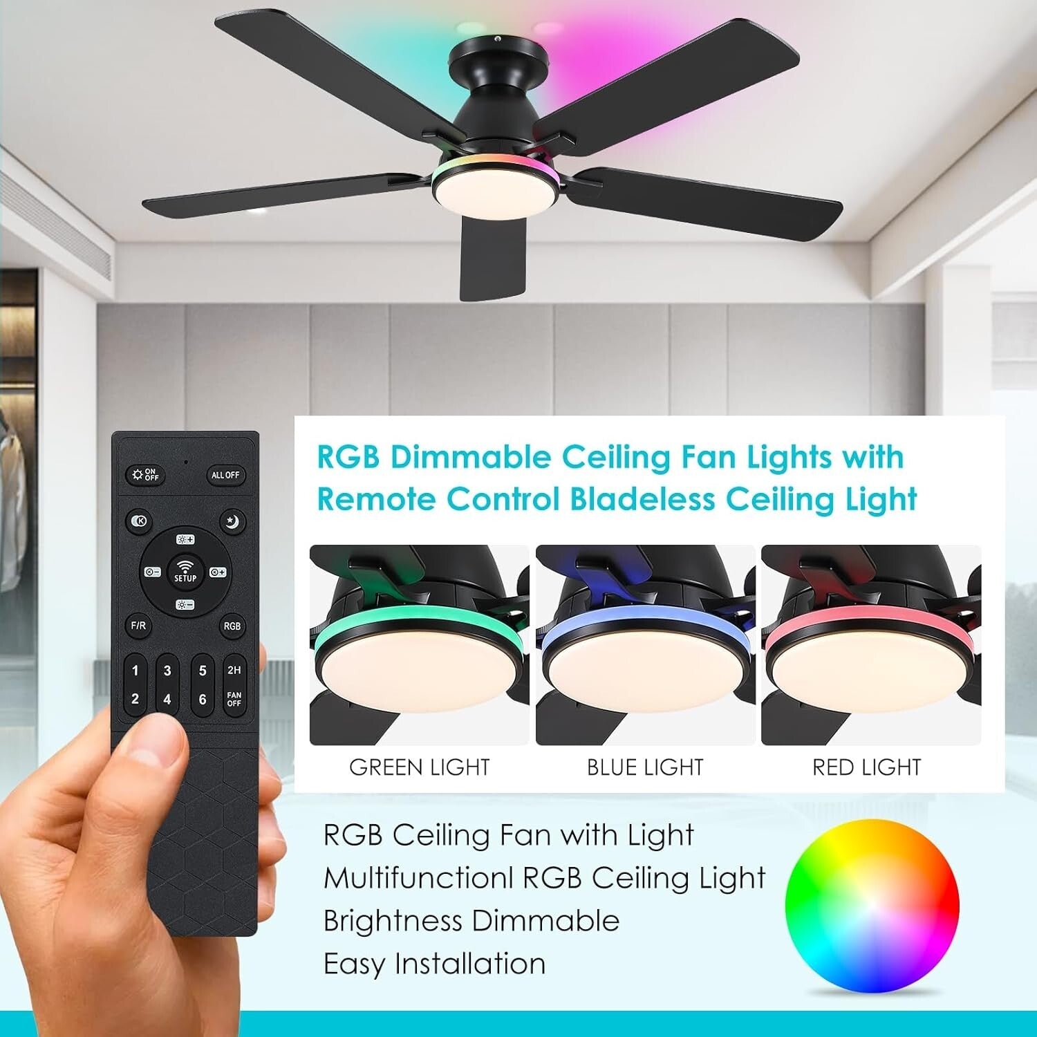 5-Blade Indoor Ceiling Fan: 52" Smart LED Light & Remote Controlled for Bedrooms