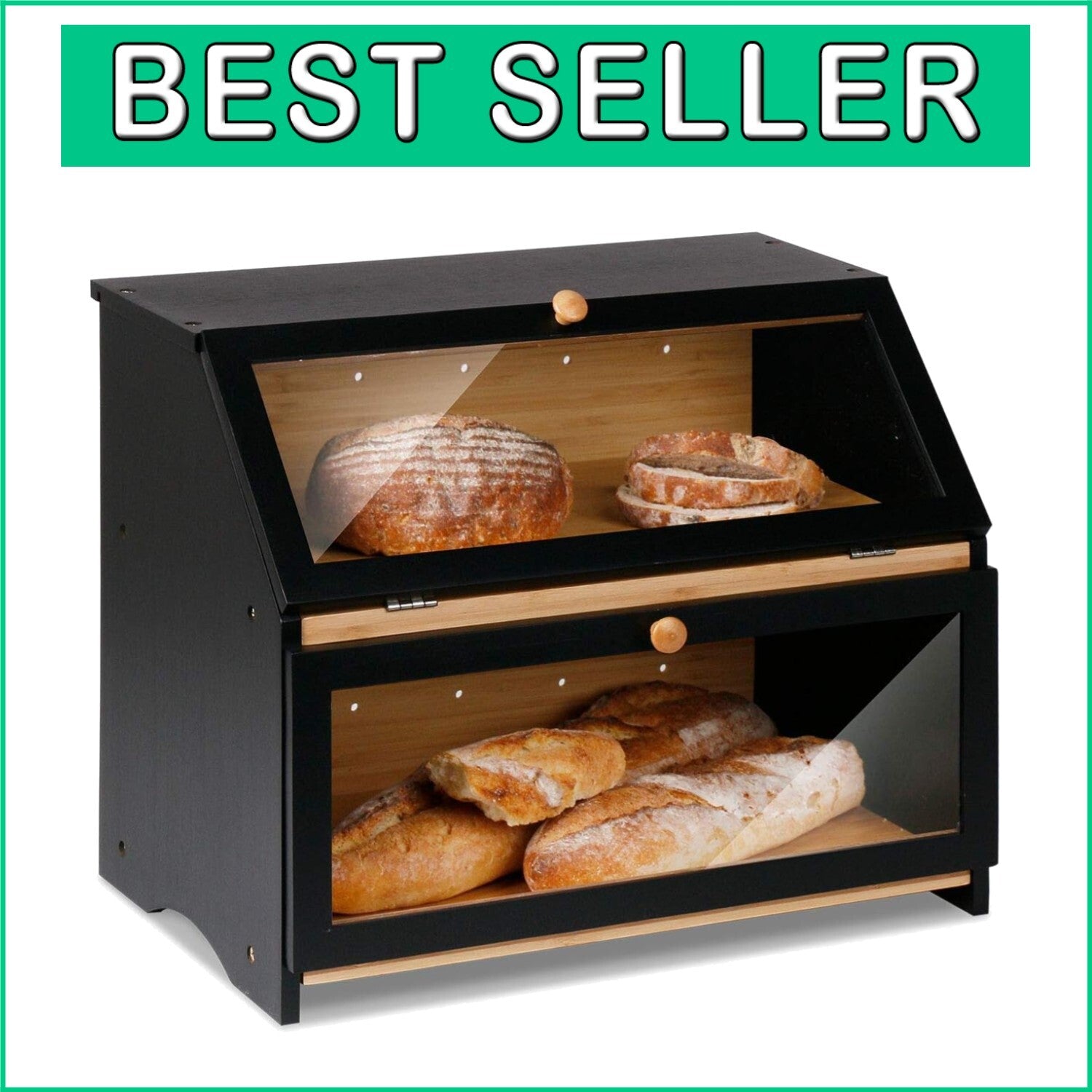 Elegant Black Bamboo Bread Box with Double Layers for Optimal Freshness