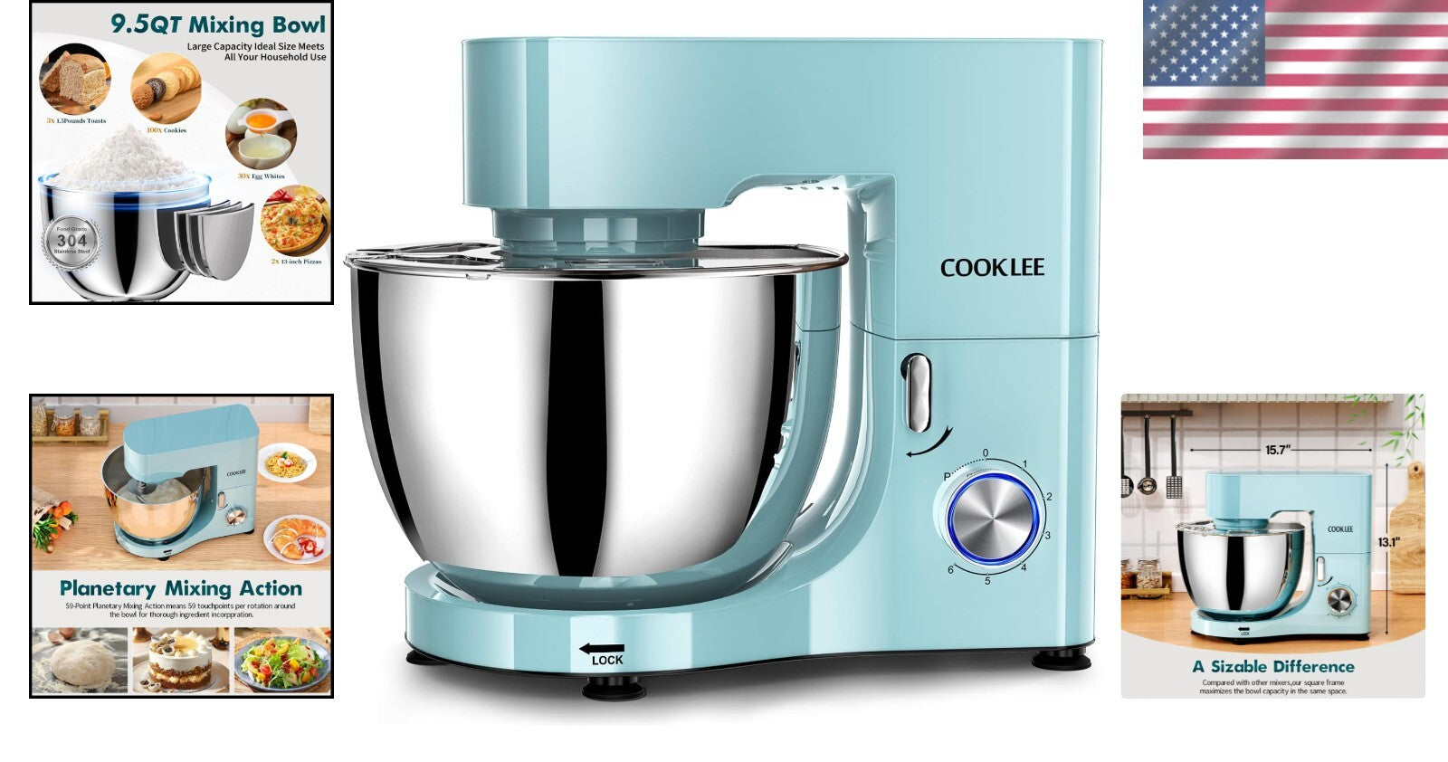 660W Electric Stand Mixer – 9.5 Qt Capacity, Blue Kitchen Mixer with Attachments