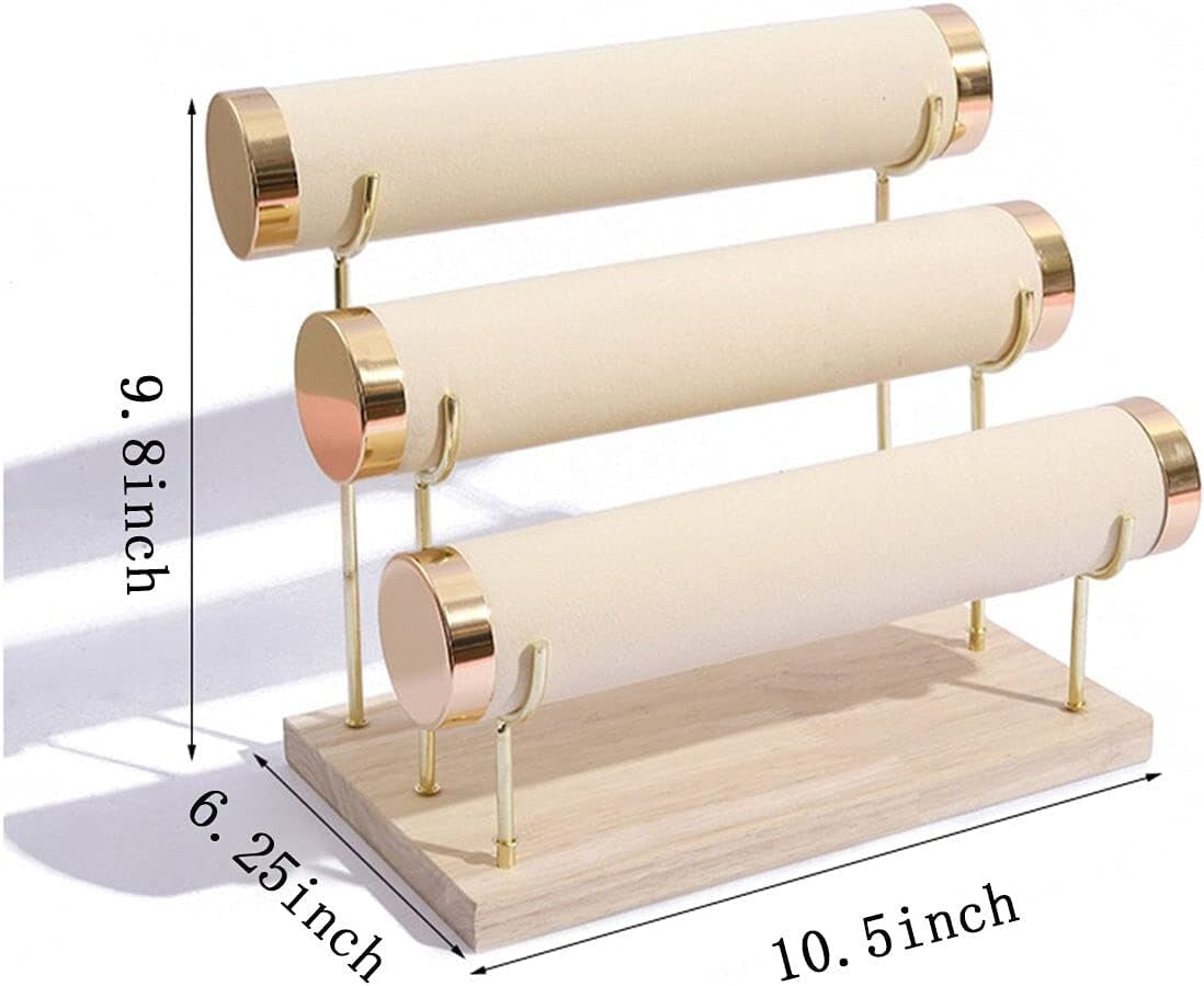 Chic Beige Velvet Bracelet Stand - Three-Tier Jewelry Display with Gold Accents
