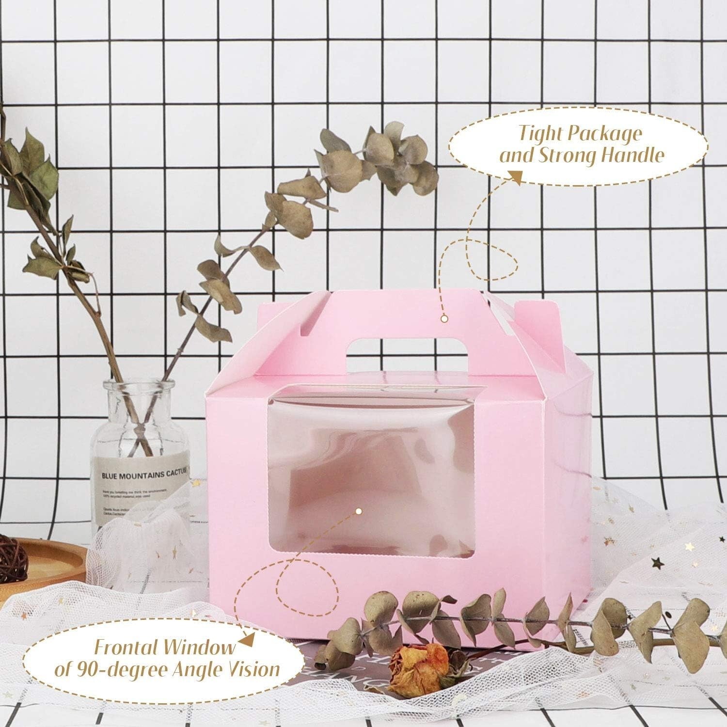 Elegant Pink Cupcake Boxes - 50 Pack with Inserts & Display Window, 5.9" x 5.9"