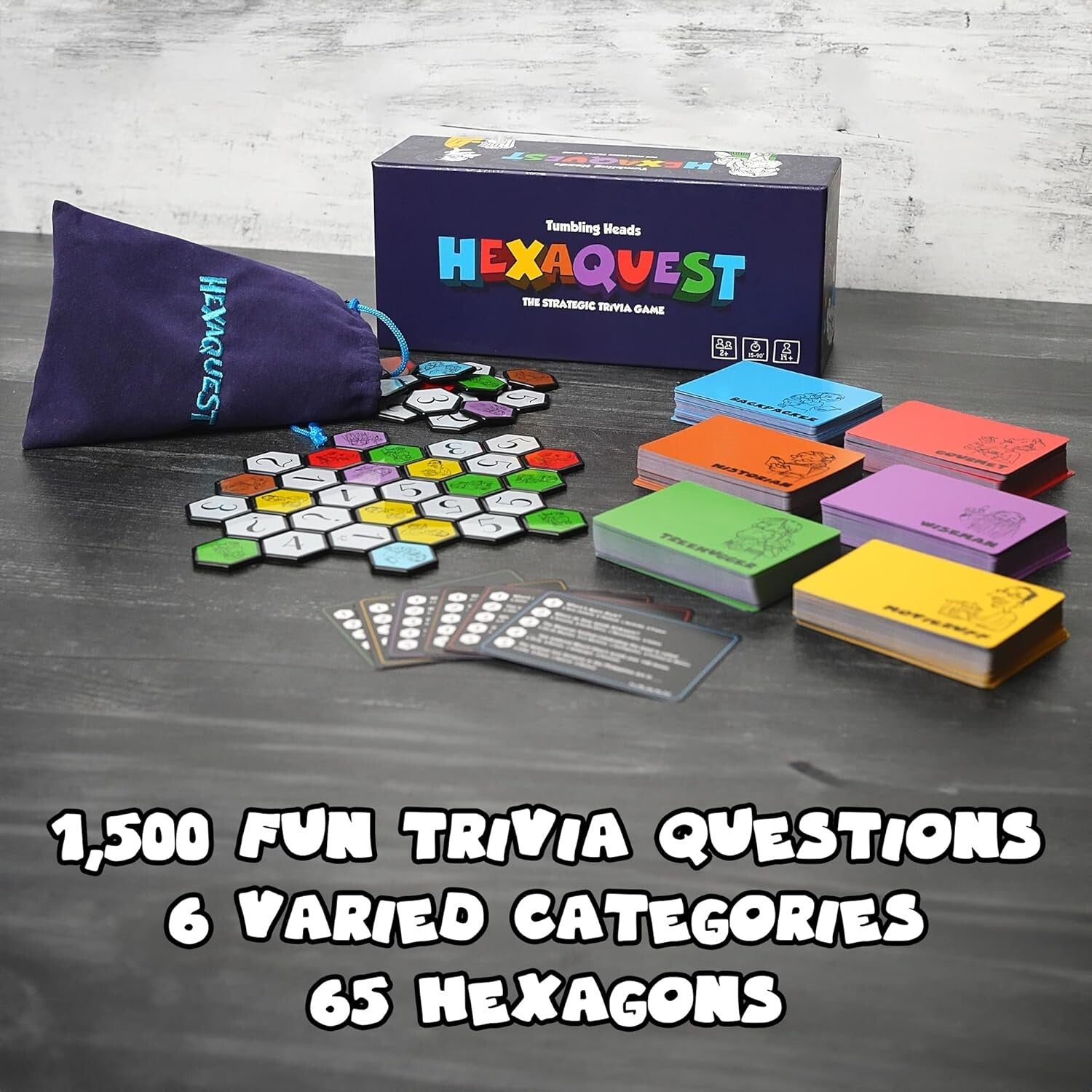 1500-Question Trivia Board Game with 65 Hexagon Tiles for Engaging Challenges