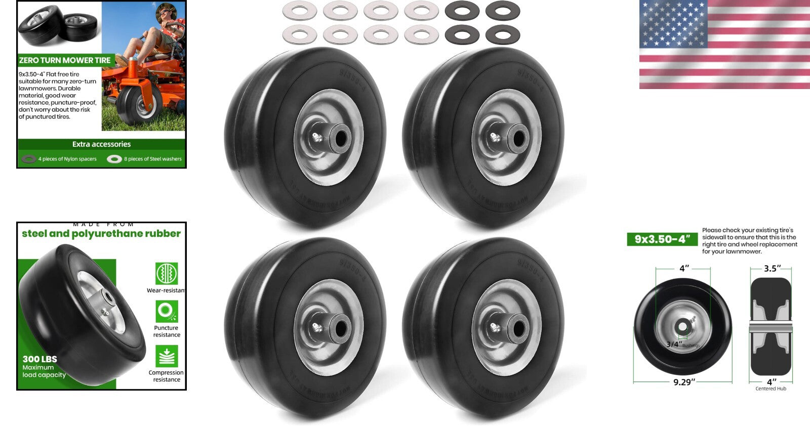 Durable 4-Pack Flat-Free Tire Assemblies - 9" Diameter Lawn and Garden Solutions