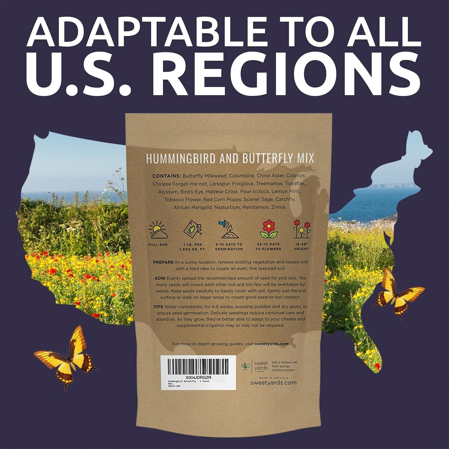 Bulk Wildflower Seed Mix for Butterflies & Hummingbirds - 5 Pounds Fresh Seeds