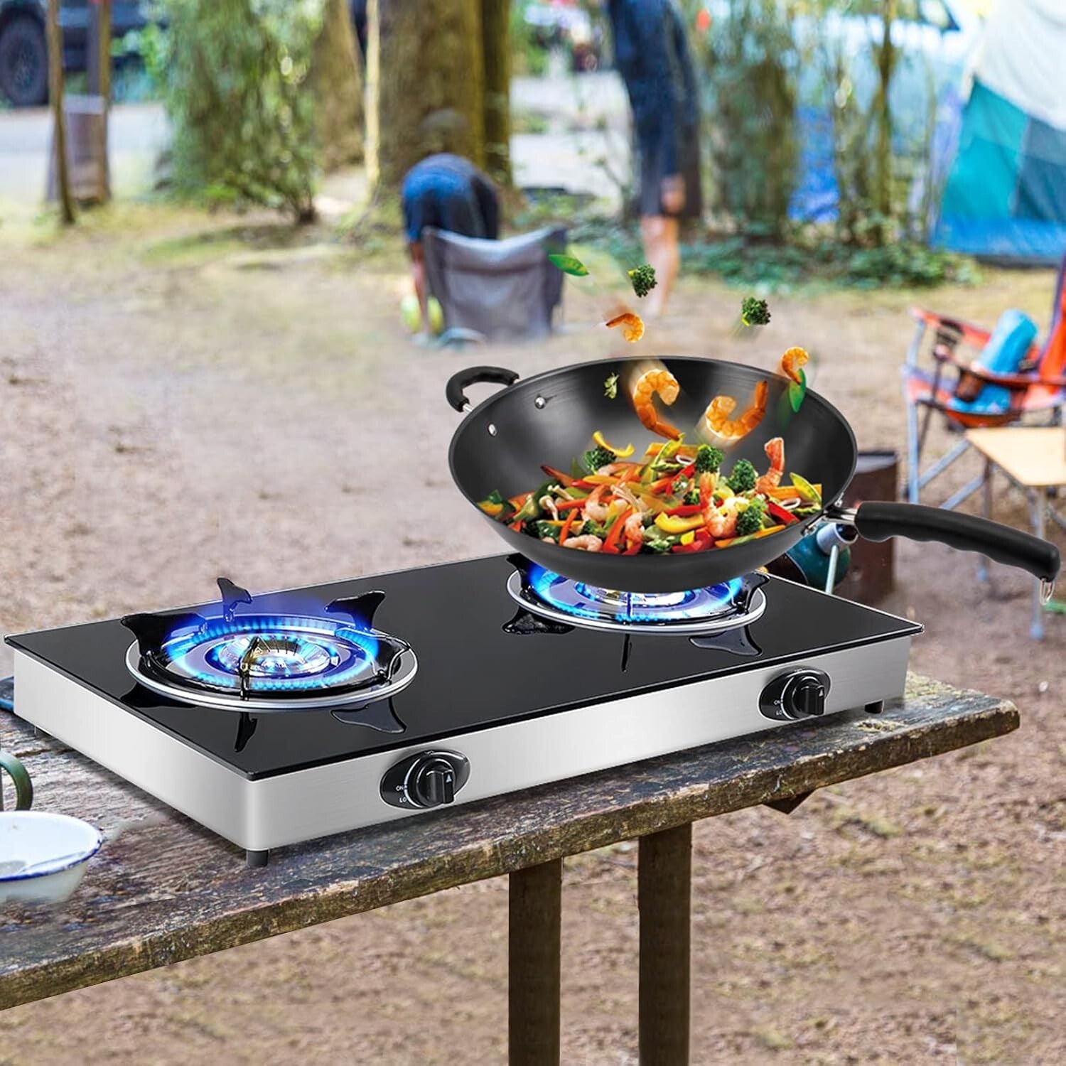 Tempered Glass 2 Burner Gas Stove with Auto Ignition - Perfect for Camping